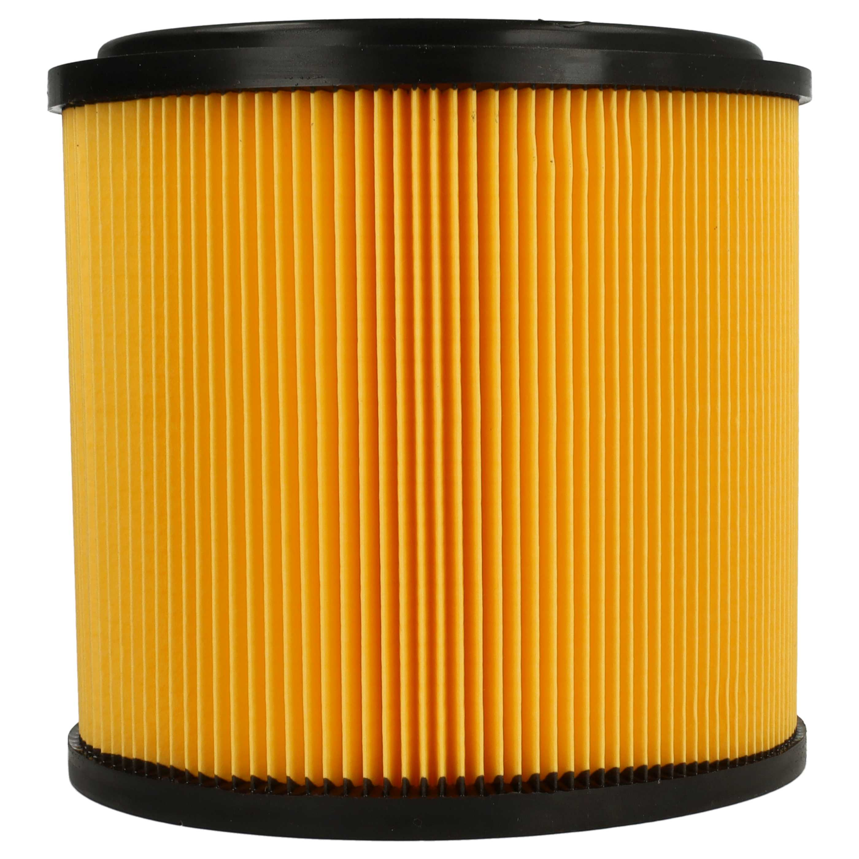 Ein zylindrischer Luftfilter mit schwarzer Ober- und Unterseite. Das Filtermaterial ist gelb und vertikal gerippt.