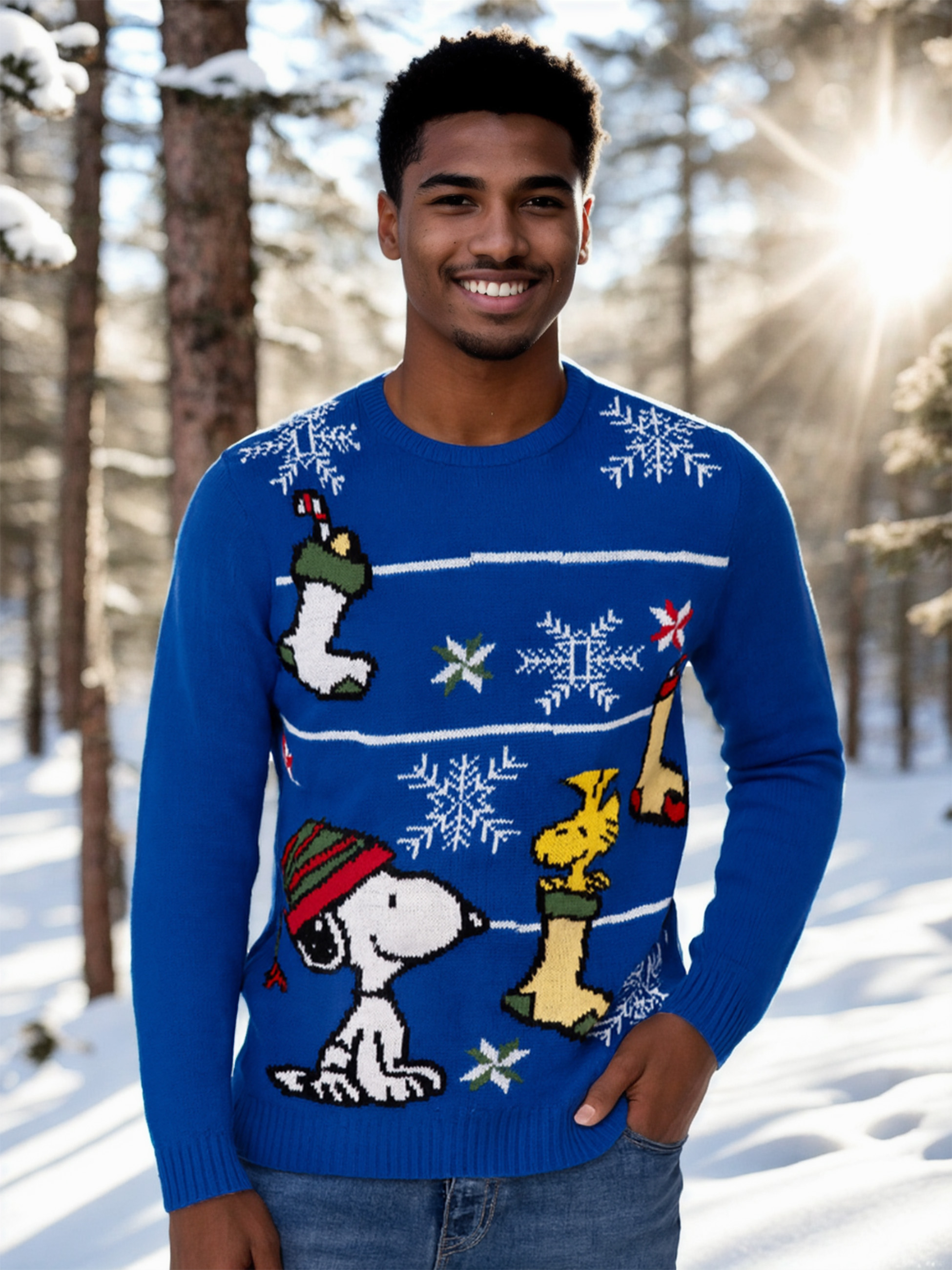 Mann in blauem Snoopy-Weihnachtspullover lächelt draußen. Der Hintergrund ist verschneiter Wald.