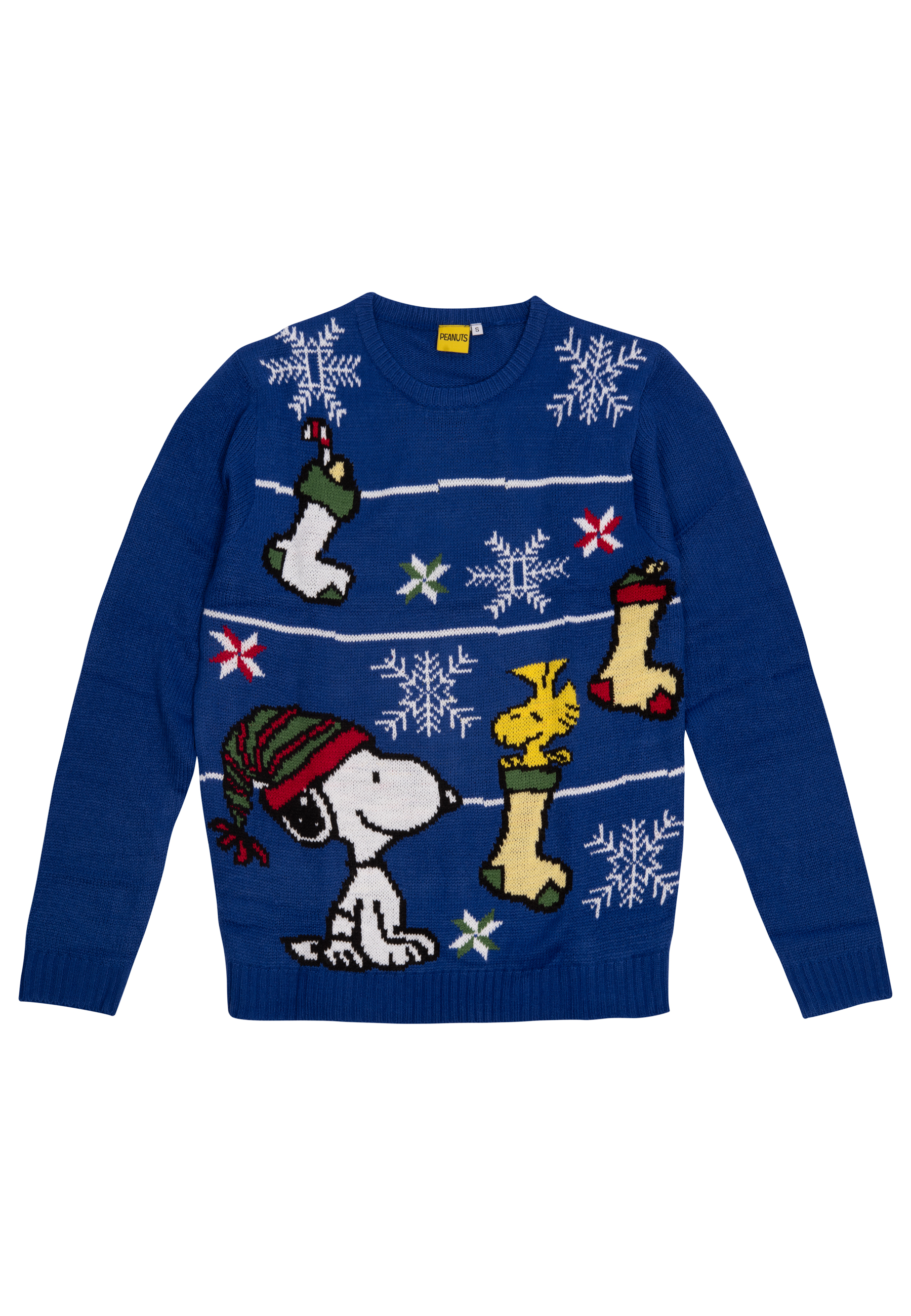Blauer Pullover mit Snoopy und Woodstock, Schneeflocken und Weihnachtsstrümpfen. Der Pullover hat einen Rundhalsausschnitt.