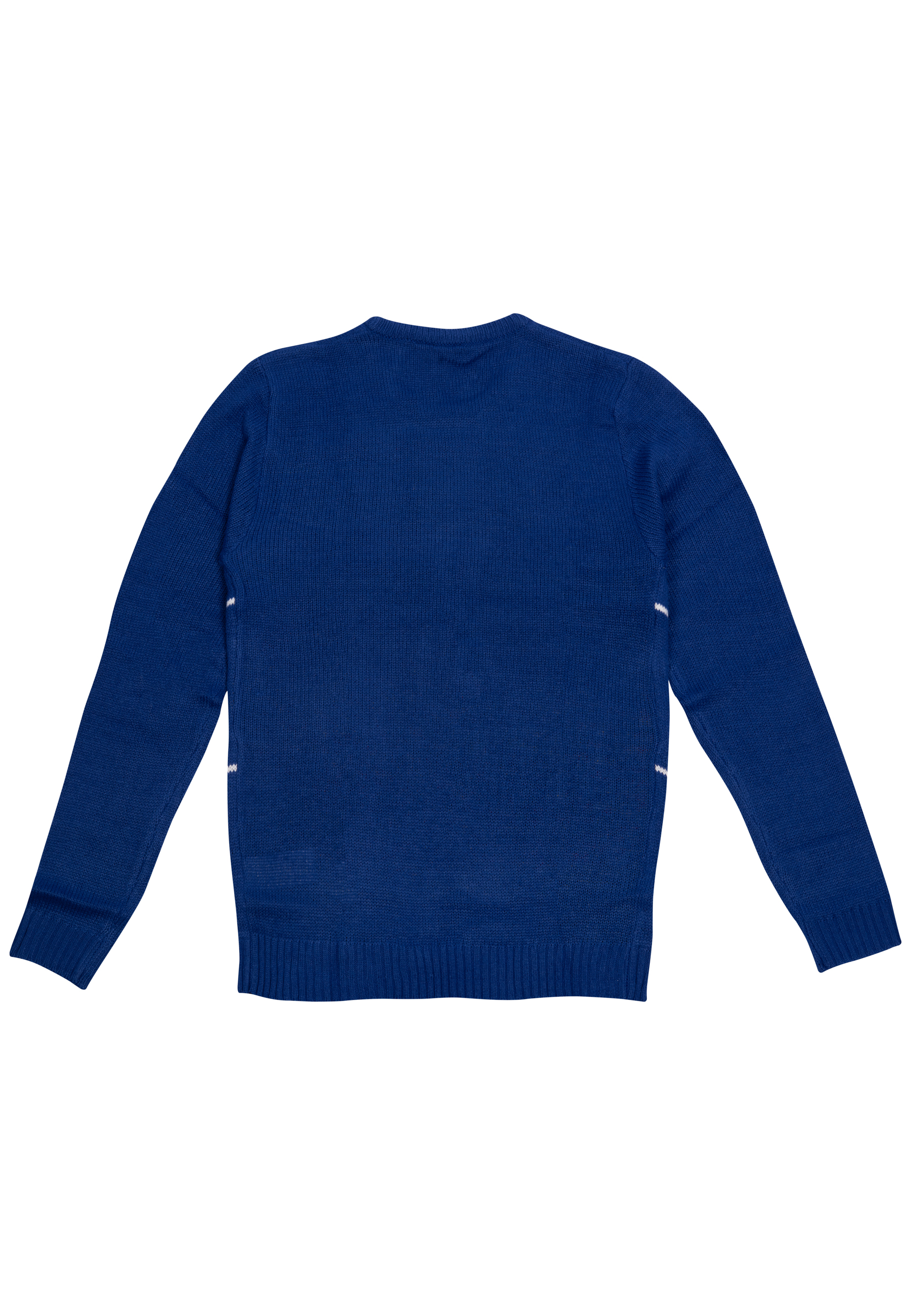 Ein marineblauer Pullover mit gerippten Bündchen und Saum. Weiße Akzente an den Ärmeln. Isoliert auf weißem Hintergrund.