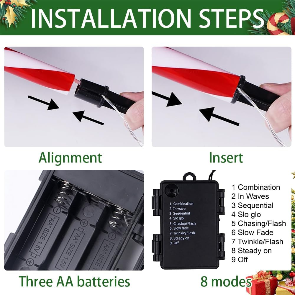 Installationsschritte: Ausrichtung und Einsetzen von Teilen. Anweisungen für AA-Batterien und 8 Modi. Text beinhaltet Kombination, Wellen und andere.