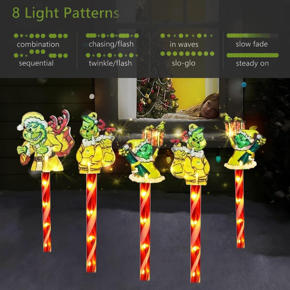 Das Bild zeigt Weihnachtslichter in Form des Grinch. Sie sind vor einem Fenster platziert, in dem ein Mädchen einen Weihnachtsbaum betrachtet.