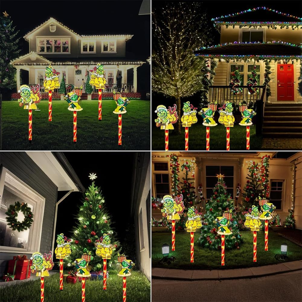 Vier Bilder zeigen Grinch-Rasen-Dekorationen. Im Hintergrund sind Häuser mit Weihnachtsbeleuchtung. Auch Bäume sind geschmückt.