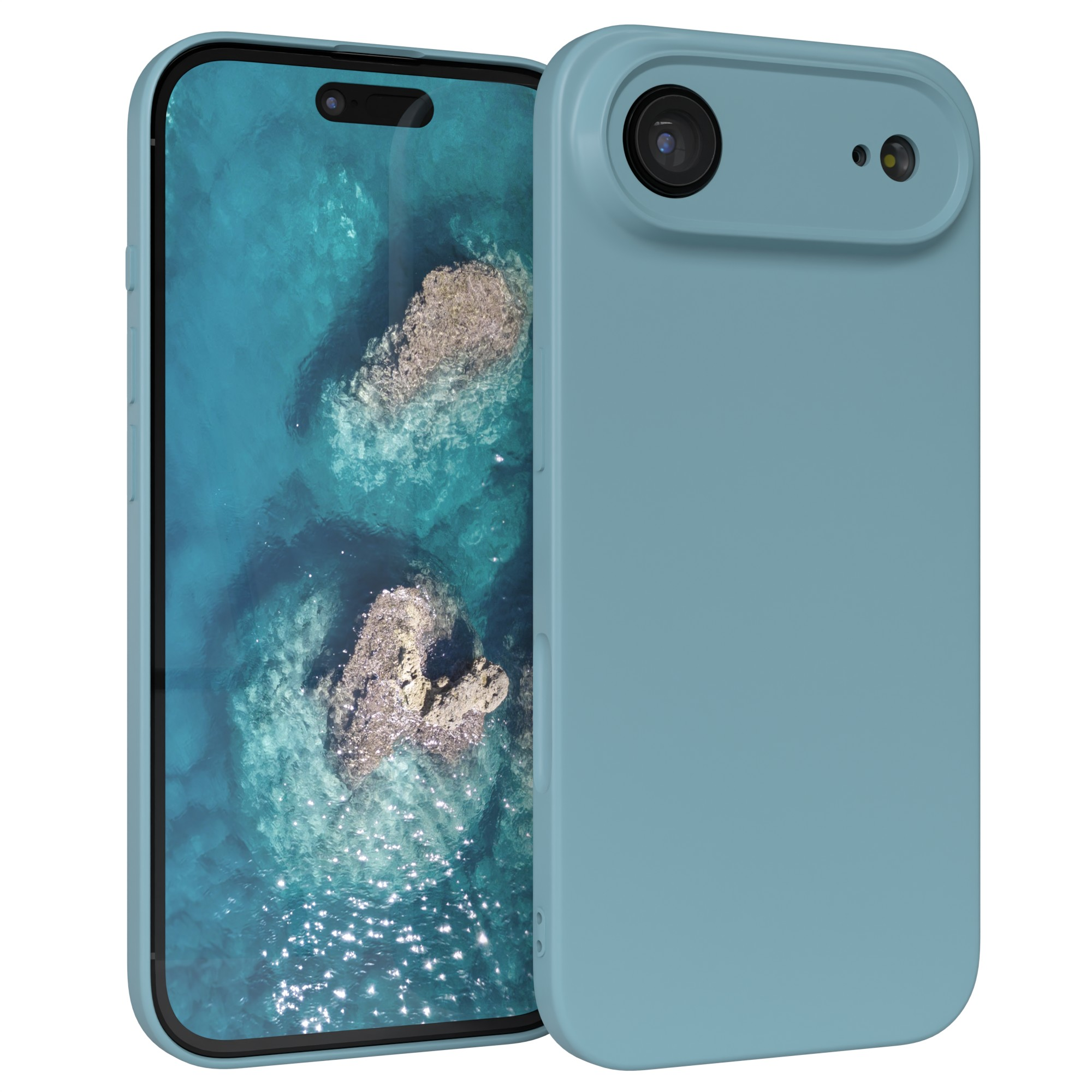 Ein Smartphone mit hellblauem Gehäuse. Der Bildschirm zeigt eine türkisfarbene Ozeanszene mit Felsen. Das Gehäuse hat Kameraausschnitte.