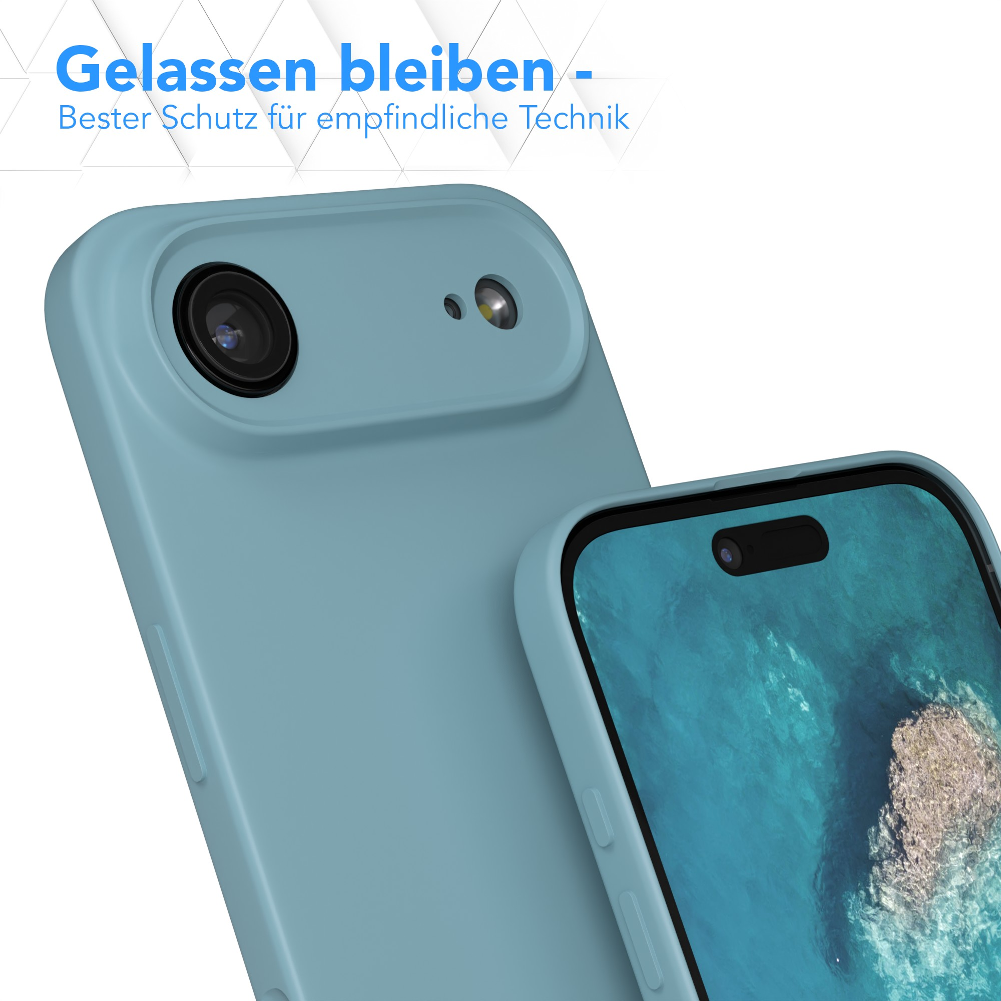 Zwei hellblaue Handyhüllen, eine mit einem Telefon darin. Der Text oben lautet 'Entspannt bleiben'.