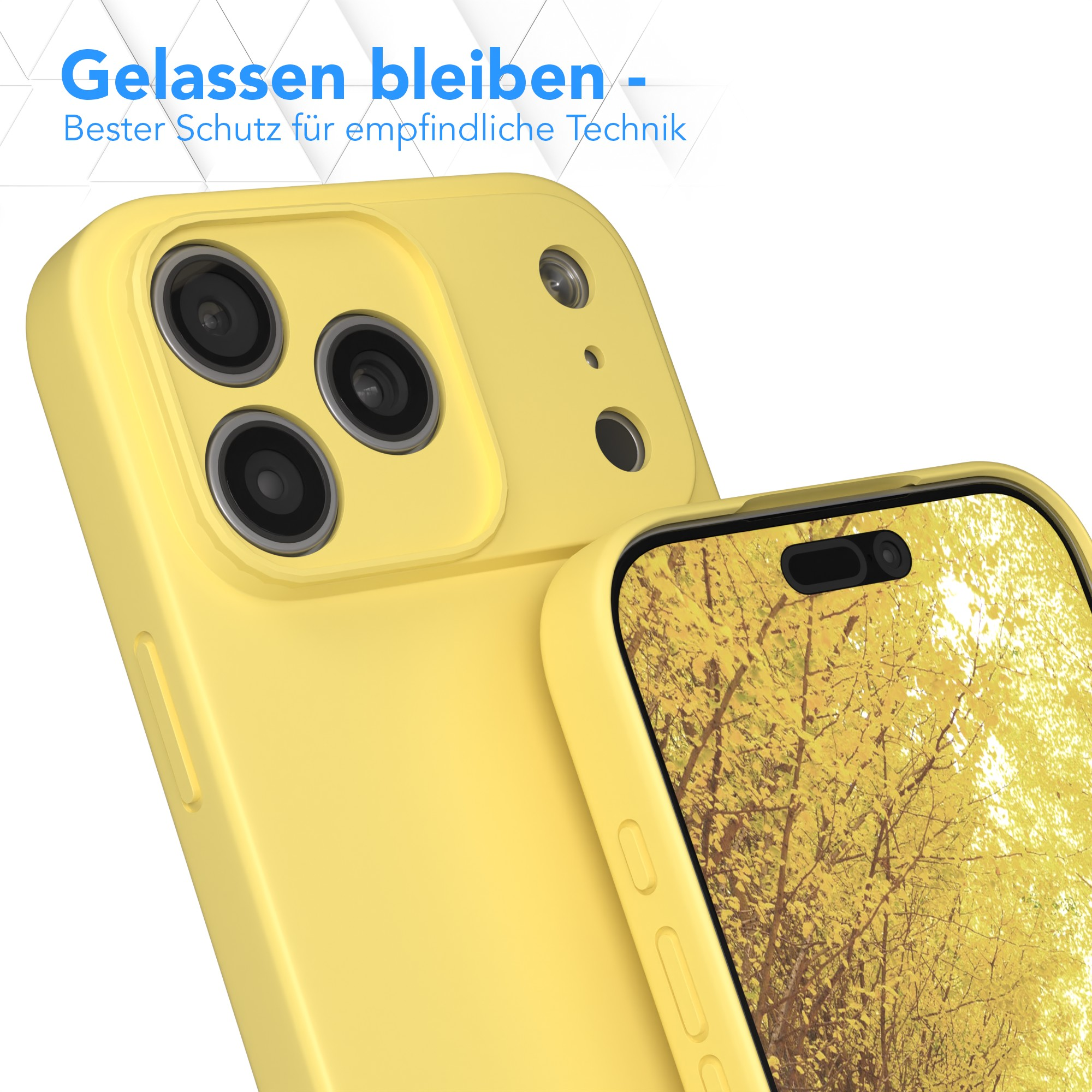Gelbe Handyhülle mit Herbstlaub-Szene auf dem Bildschirm, daneben eine passende Hülle mit Kameraausschnitten.