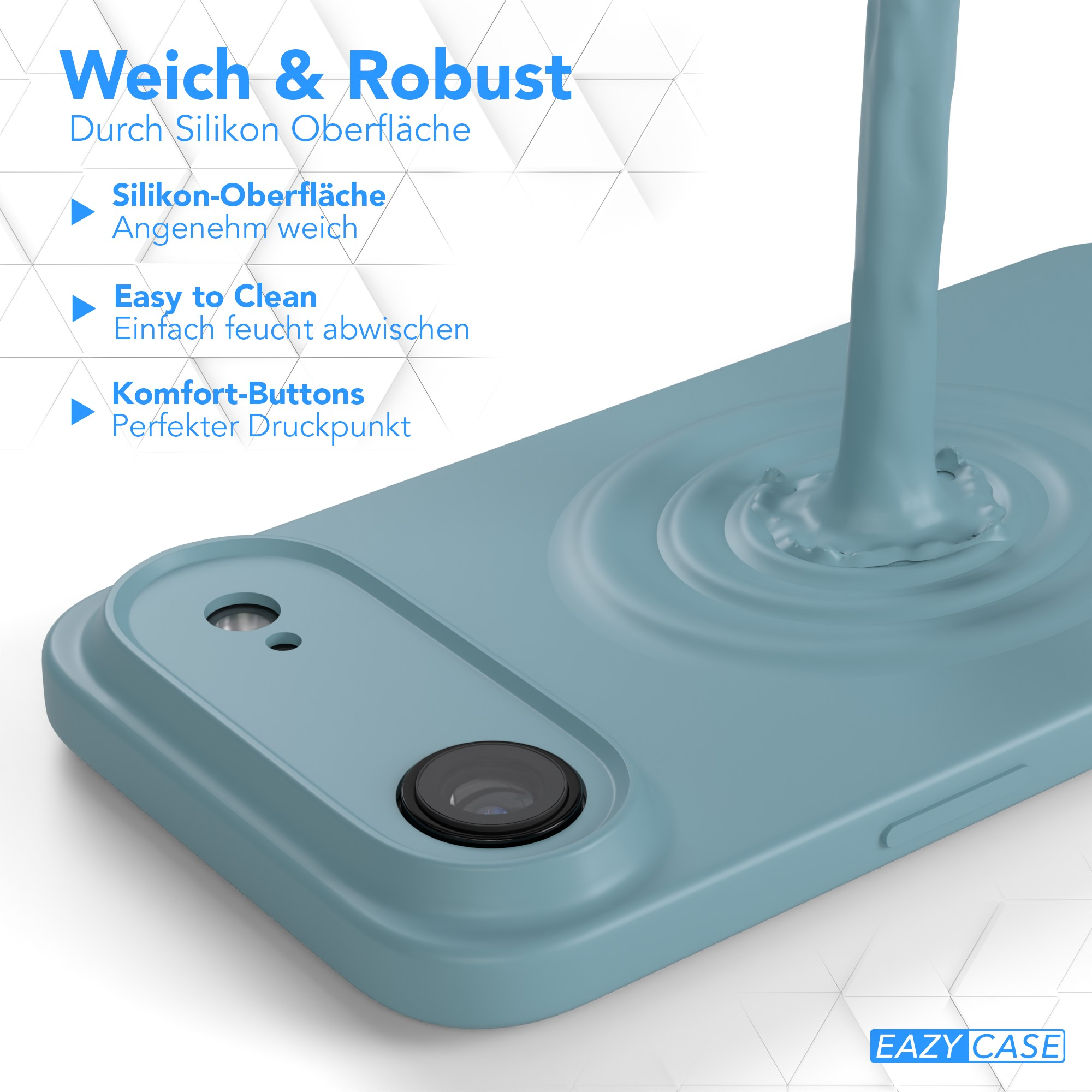 Ein Telefoncase wird mit blauer Flüssigkeit gefüllt. Es hat ein Kamer Loch und Knöpfe. Der Text beschreibt seine Eigenschaften.