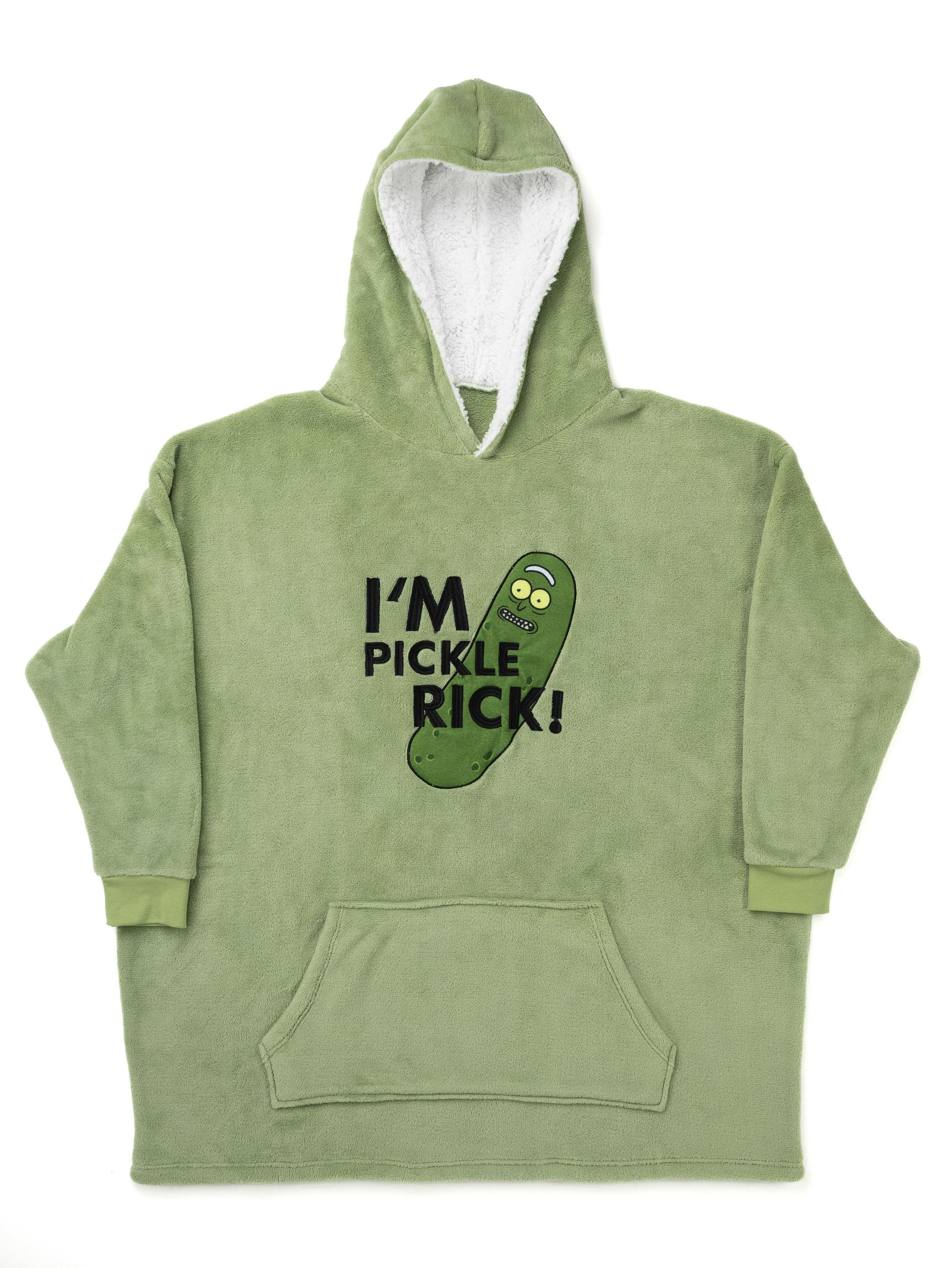 Grüner Hoodie mit einem Gurken-Design und dem Text "I'm Pickle Rick!". Weißes, flauschiges Inneres in der Kapuze.