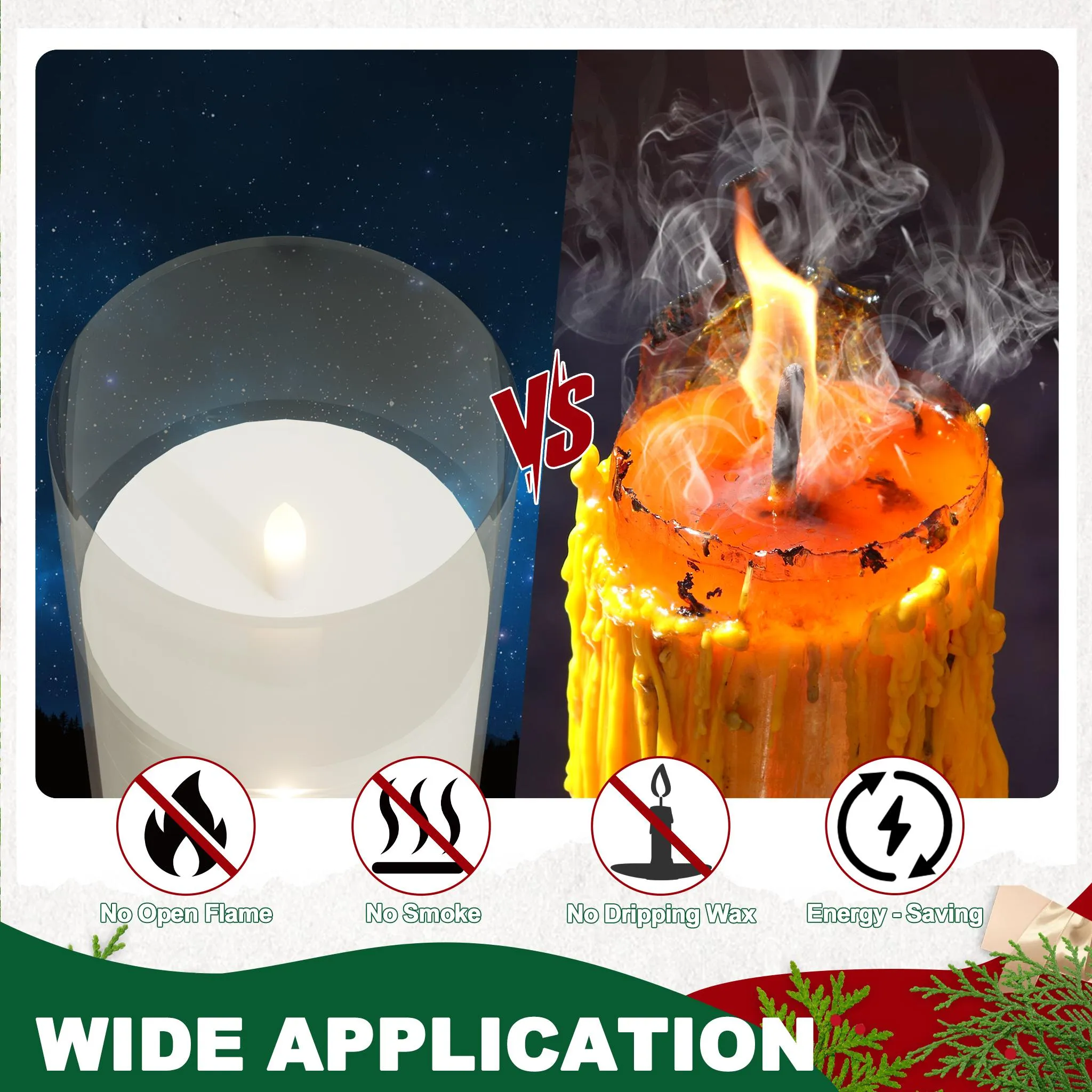 Das Bild vergleicht eine LED-Kerze mit einer echten. LED hat keine Flamme, Rauch, Wachs und ist energiesparend. Echte Kerze hat Flamme und Rauch.