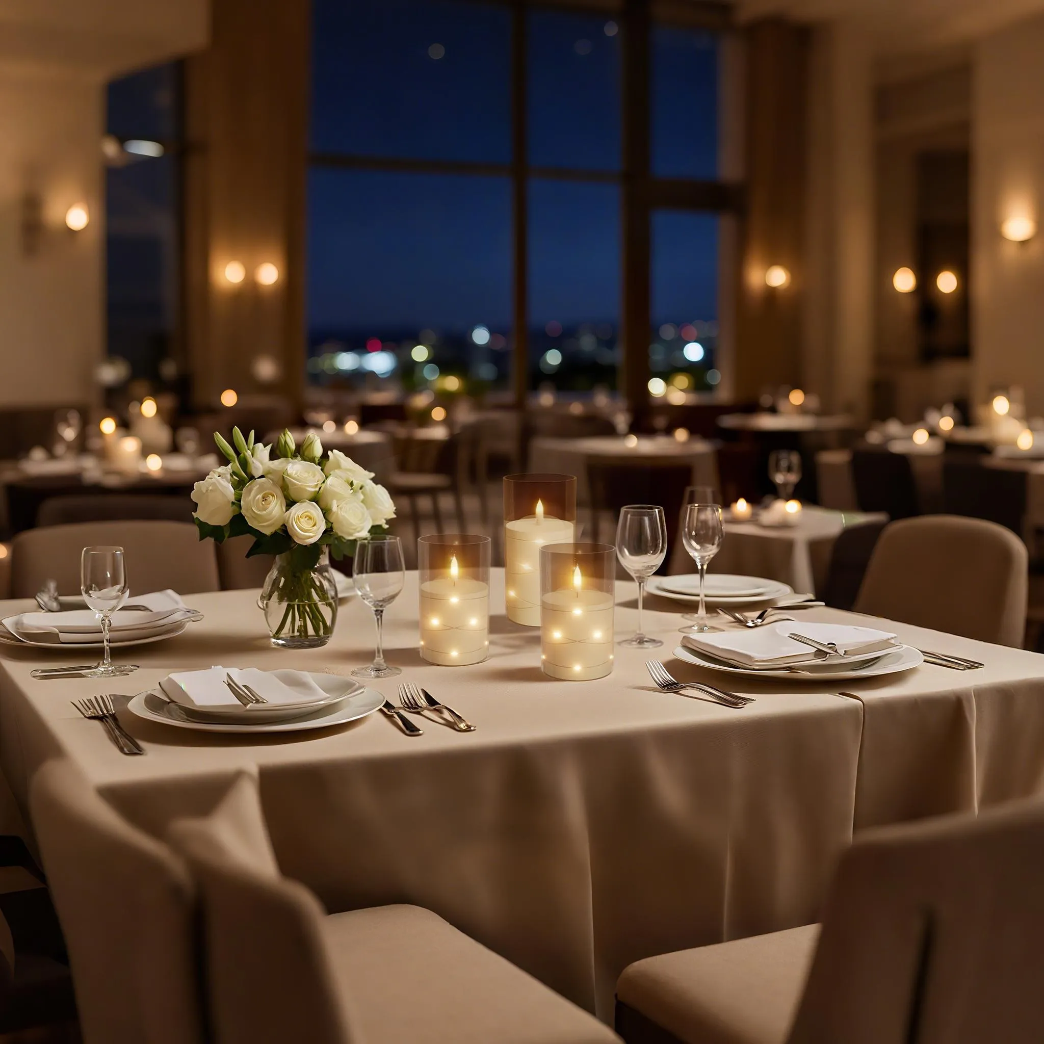 Ein Restauranttisch mit weißen Rosen, Kerzen und Geschirr. Stadtlichter durch ein Fenster im Hintergrund.