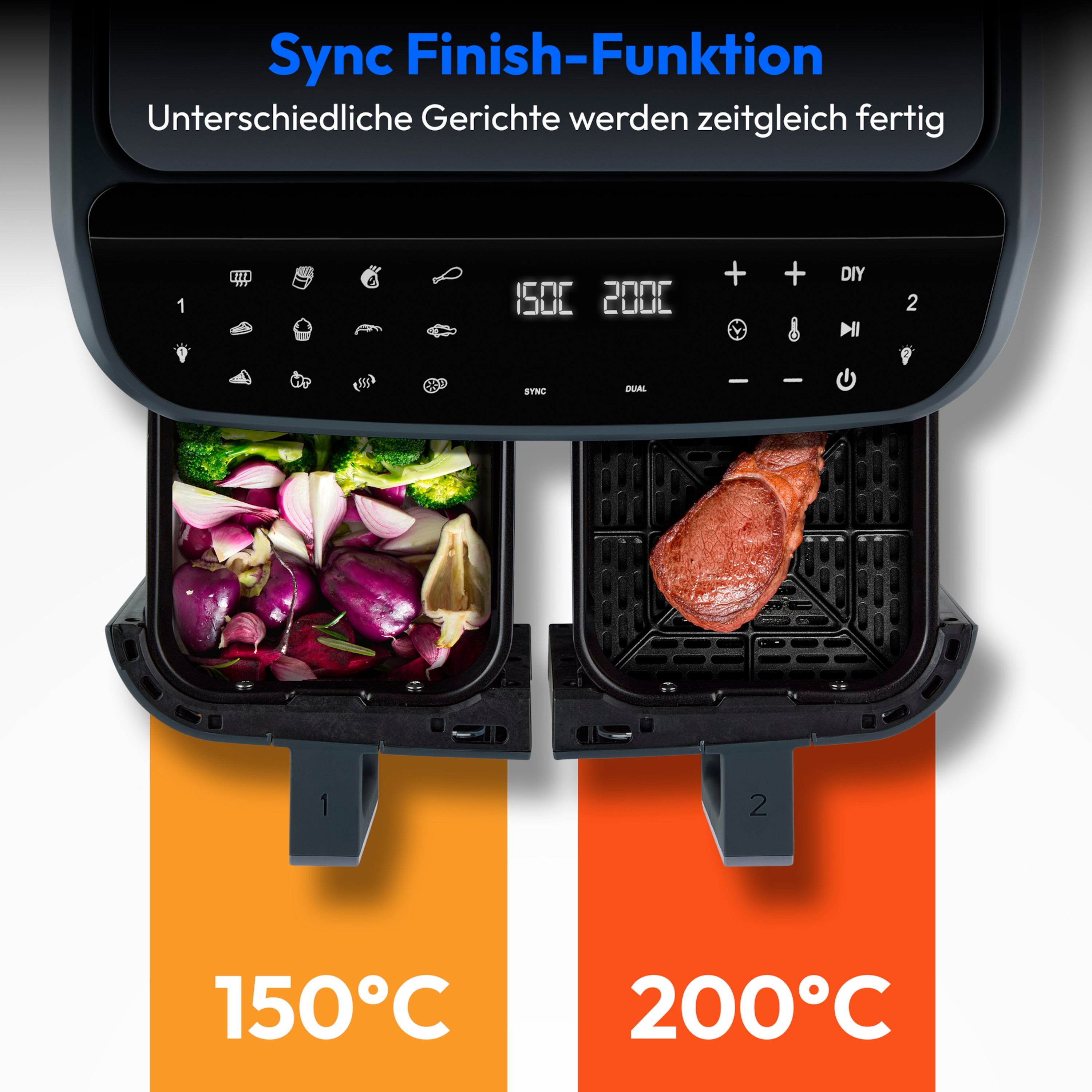 Een airfryer met twee compartimenten, één met groenten, de andere met vlees, en temperatuurinstellingen.