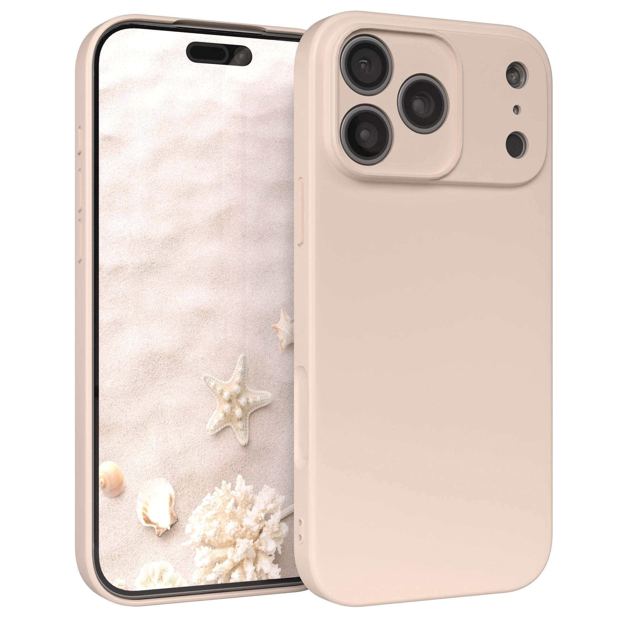 Ein Telefon in einer Hülle. Der Bildschirm zeigt Sand, Muscheln und einen Seestern.
