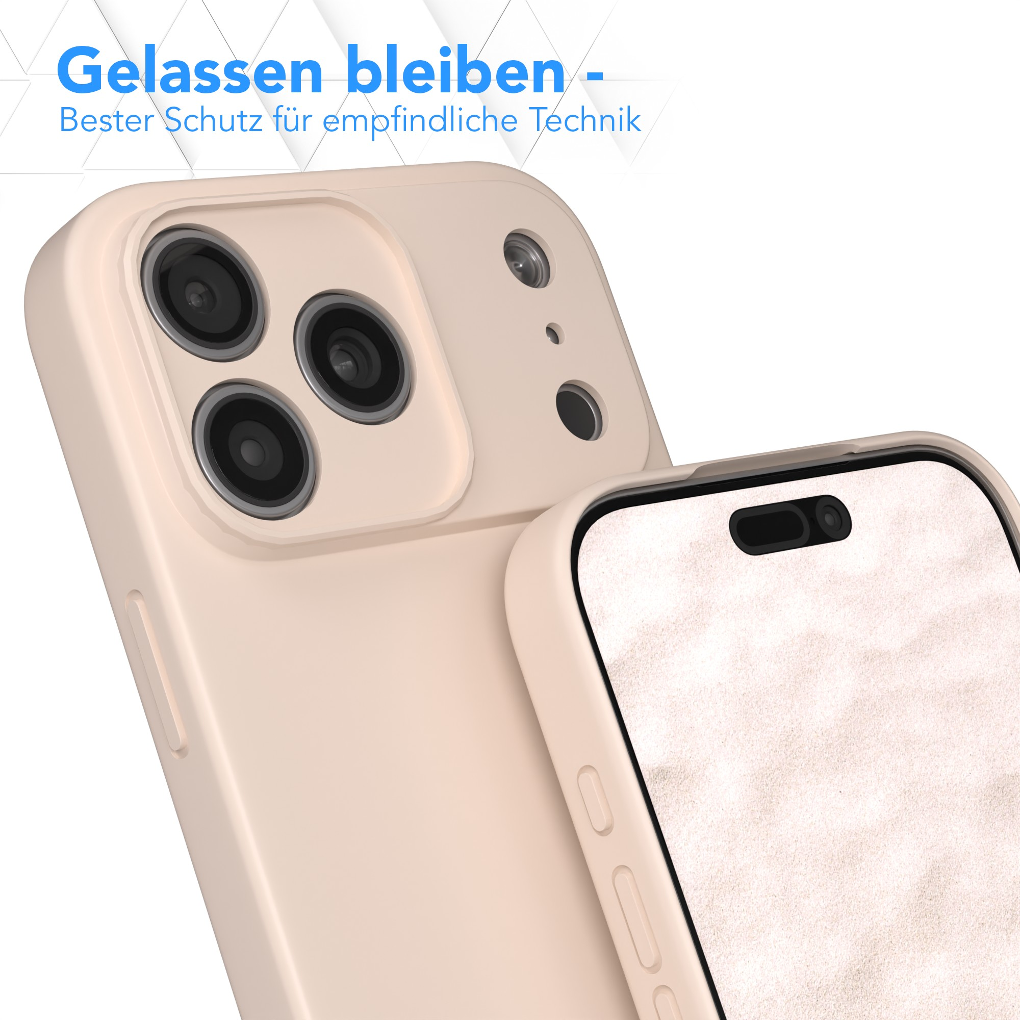 Nahaufnahme eines Telefons in einer beigen Hülle. Drei Kameralinsen sind sichtbar. Die Hülle ist auf einen anderen Telefonbildschirm ausgerichtet.
