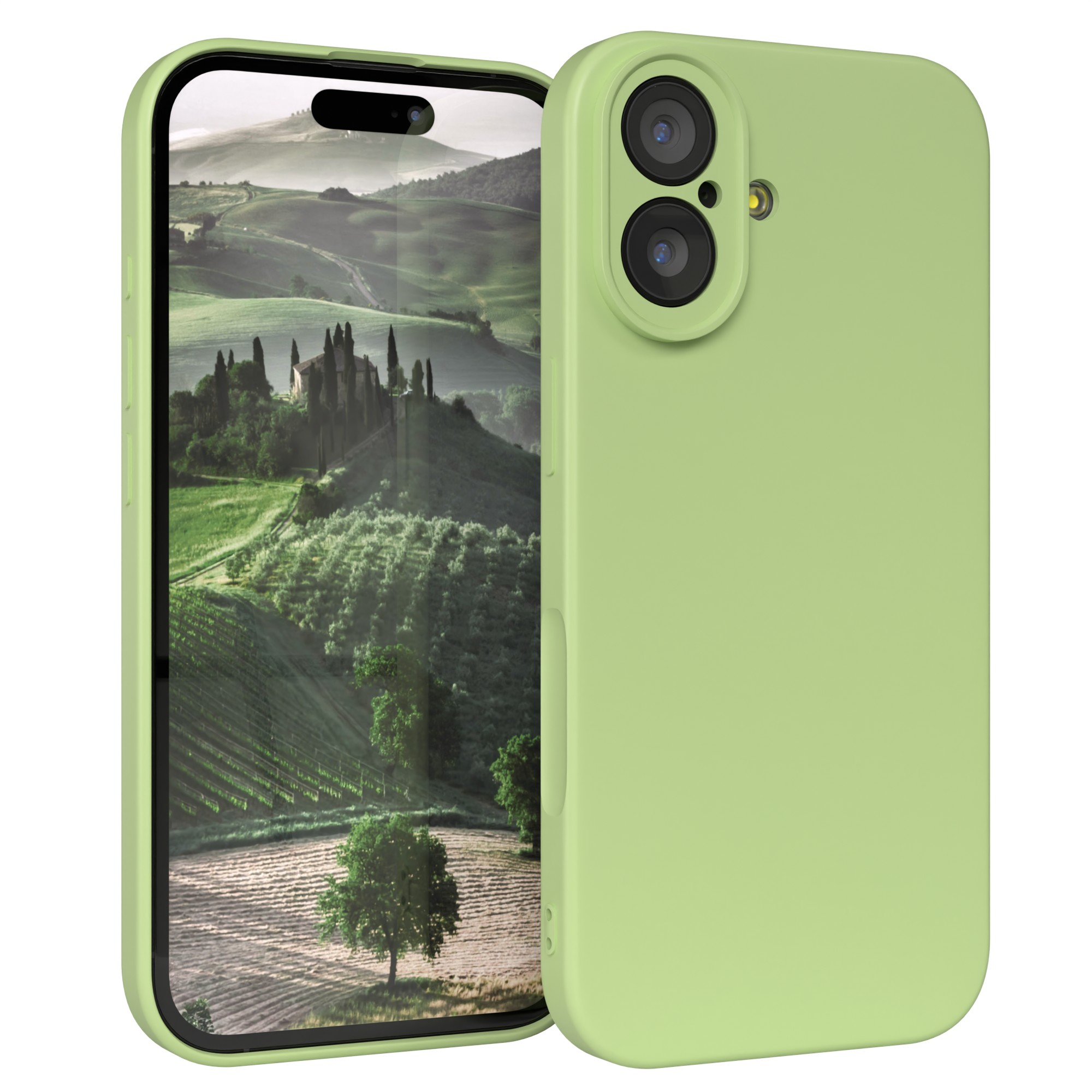 Ein Telefon in einer hellgrünen Hülle zeigt eine Landschaft mit grünen Hügeln und Bäumen.