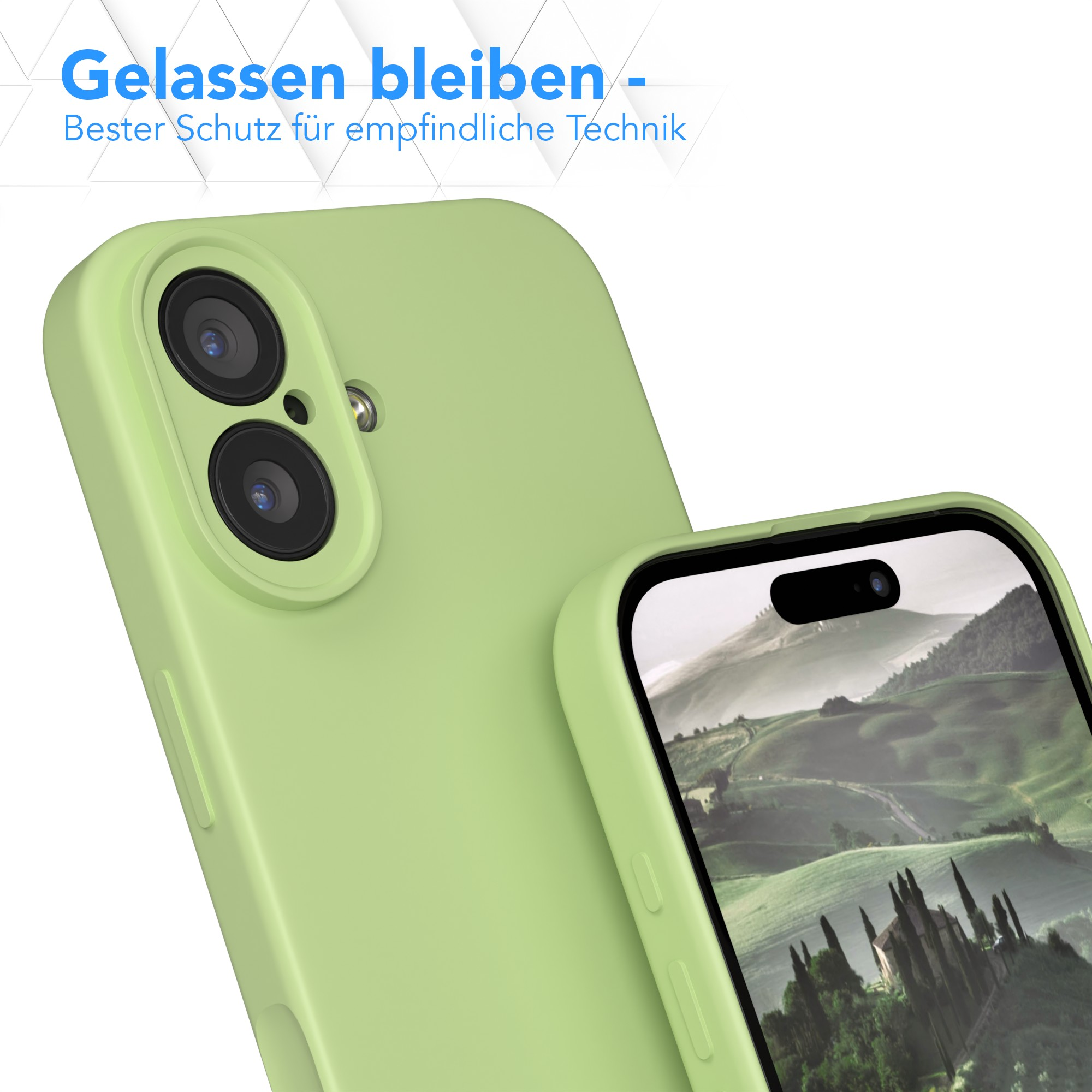 Zwei grüne Handyhüllen, eine mit einem Telefon, das eine Landschaft zeigt. Text: Gelassen bleiben - Bester Schutz.