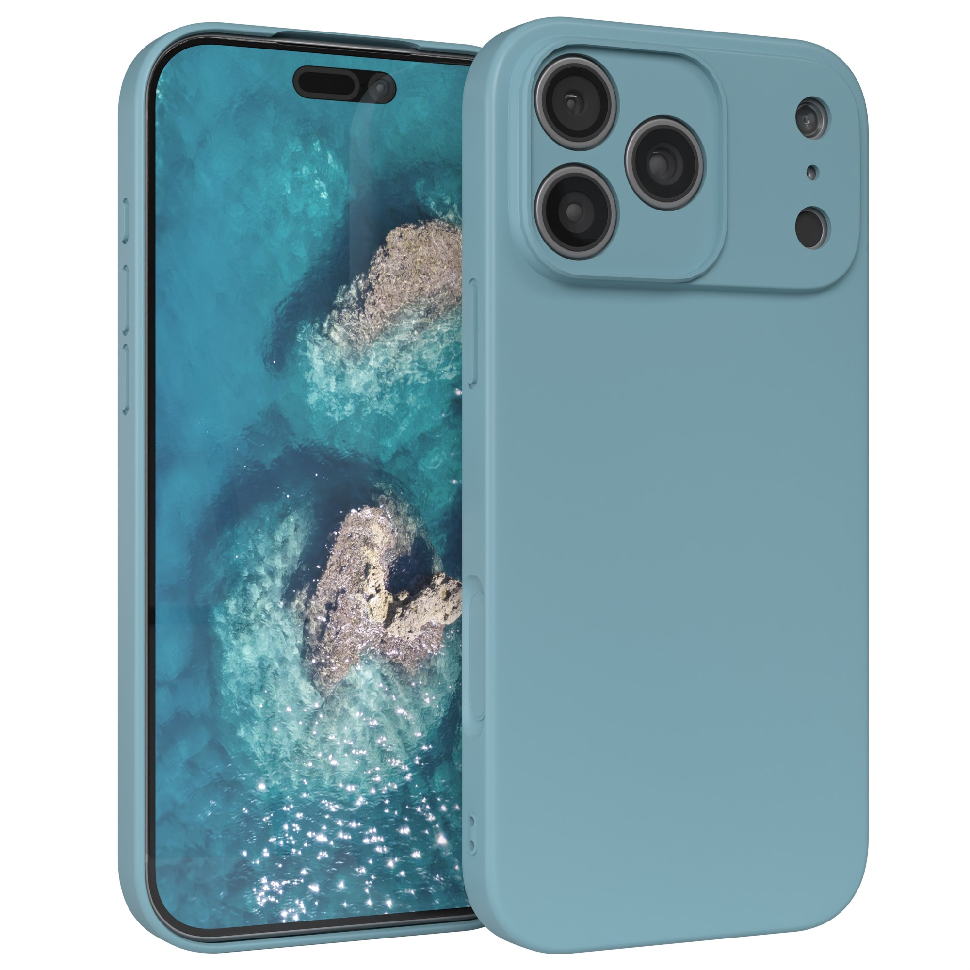 Ein Telefon in einer blauen Hülle zeigt eine Meereslandschaft. Die Hülle hat mehrere Kameralinsen und Tasten.