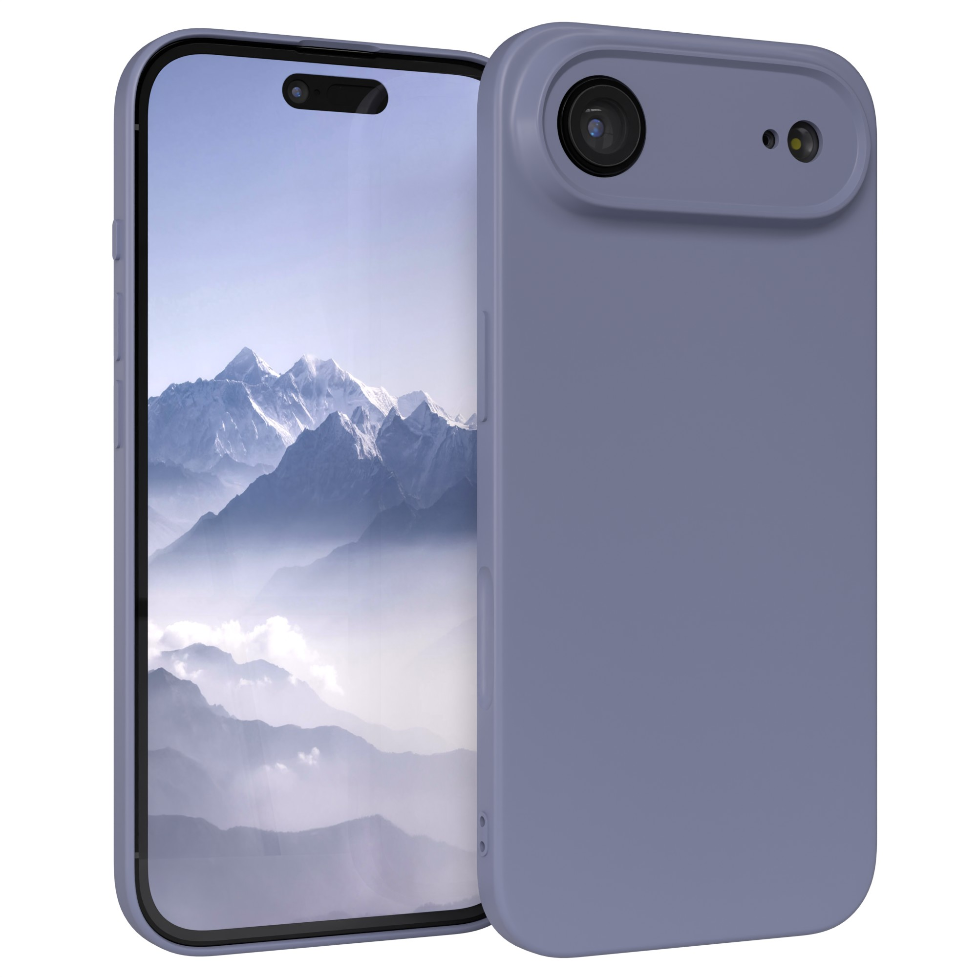 Ein Telefon in einer grauen Hülle. Der Bildschirm zeigt Berge. Die Hülle hat eine Kameraausbuchtung.