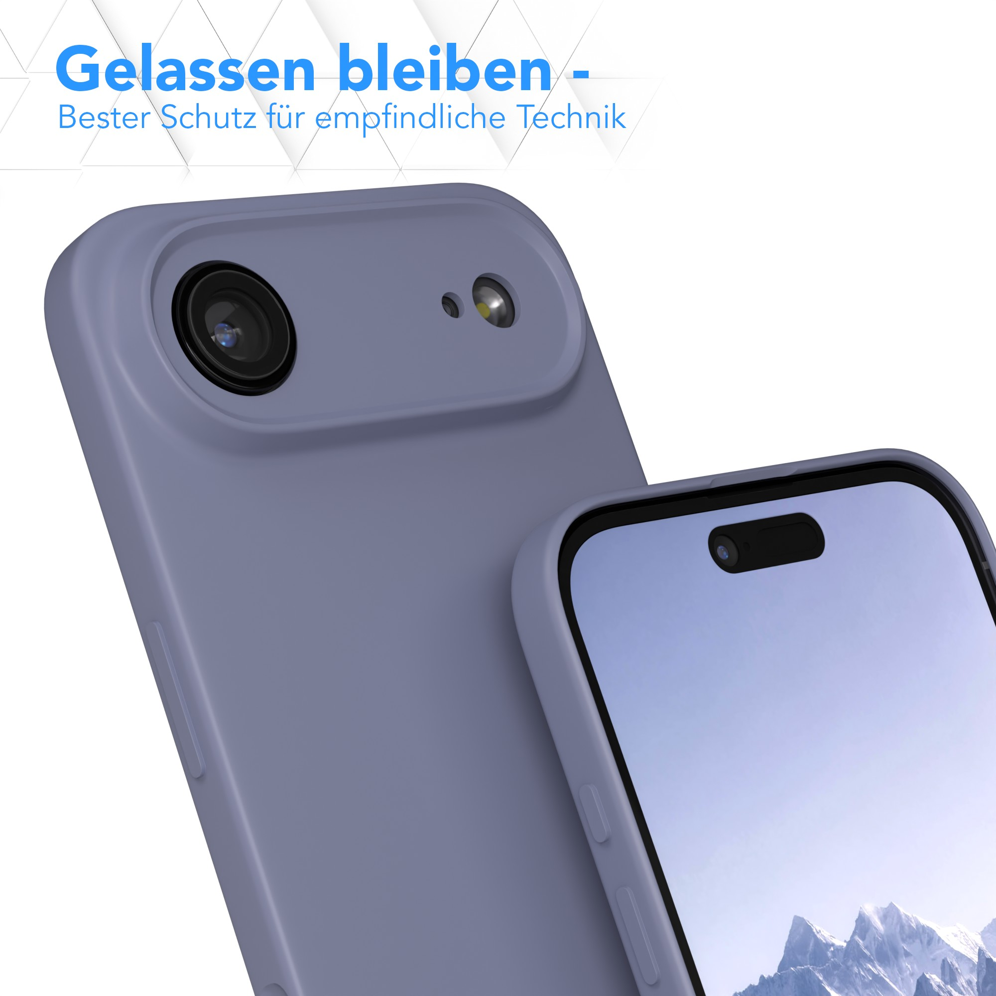 Zwei Smartphones in Schutzhüllen. Eines zeigt Kamera, das andere Bildschirm mit Berg, beide in blauem Gehäuse.