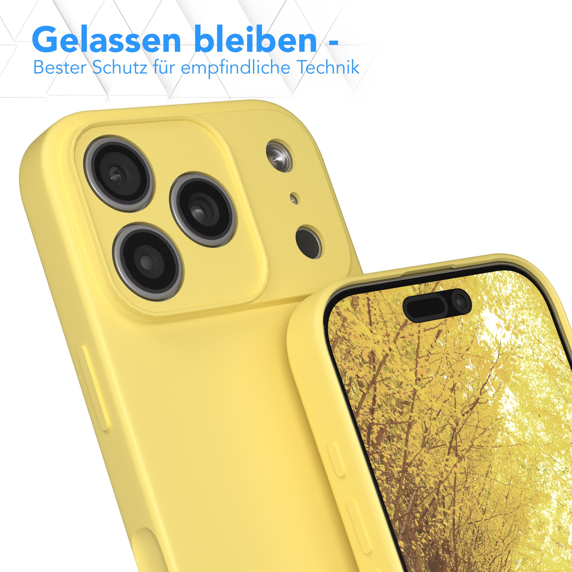 Gelbes Handycase mit dem Telefon darin, das einen Baum mit gelben Blättern zeigt. Text: Gelassen bleiben.