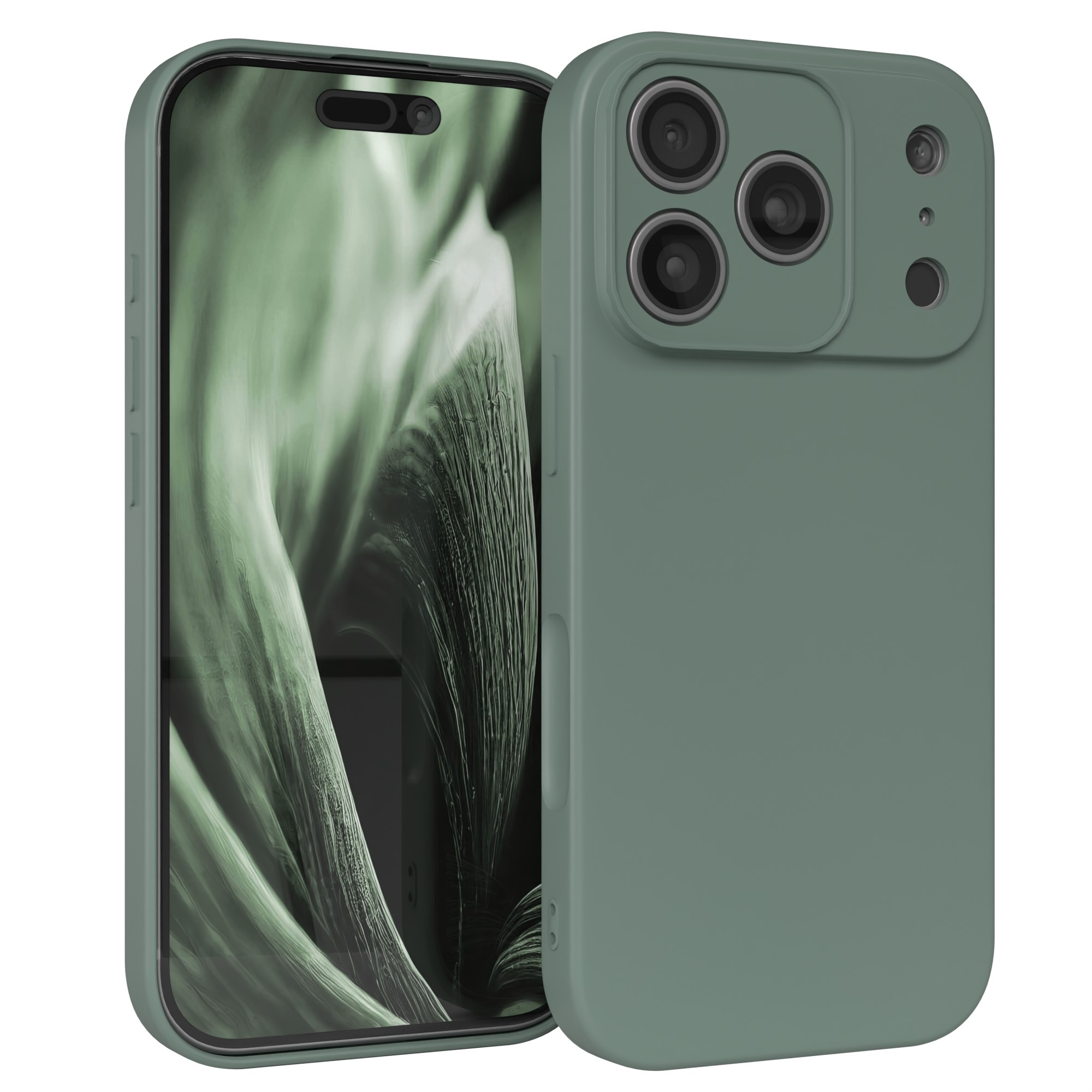 Ein grünes Telefon mit Schutzhülle. Das Telefon zeigt ein grünes abstraktes Bild.