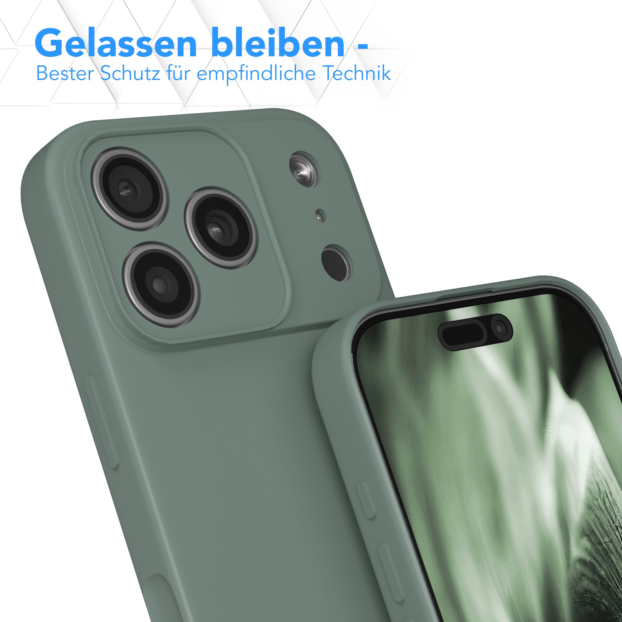 Eine grüne Handyhülle, Kameras sichtbar. Text: 'Gelassen bleiben – Bester Schutz für empfindliche Technik'.