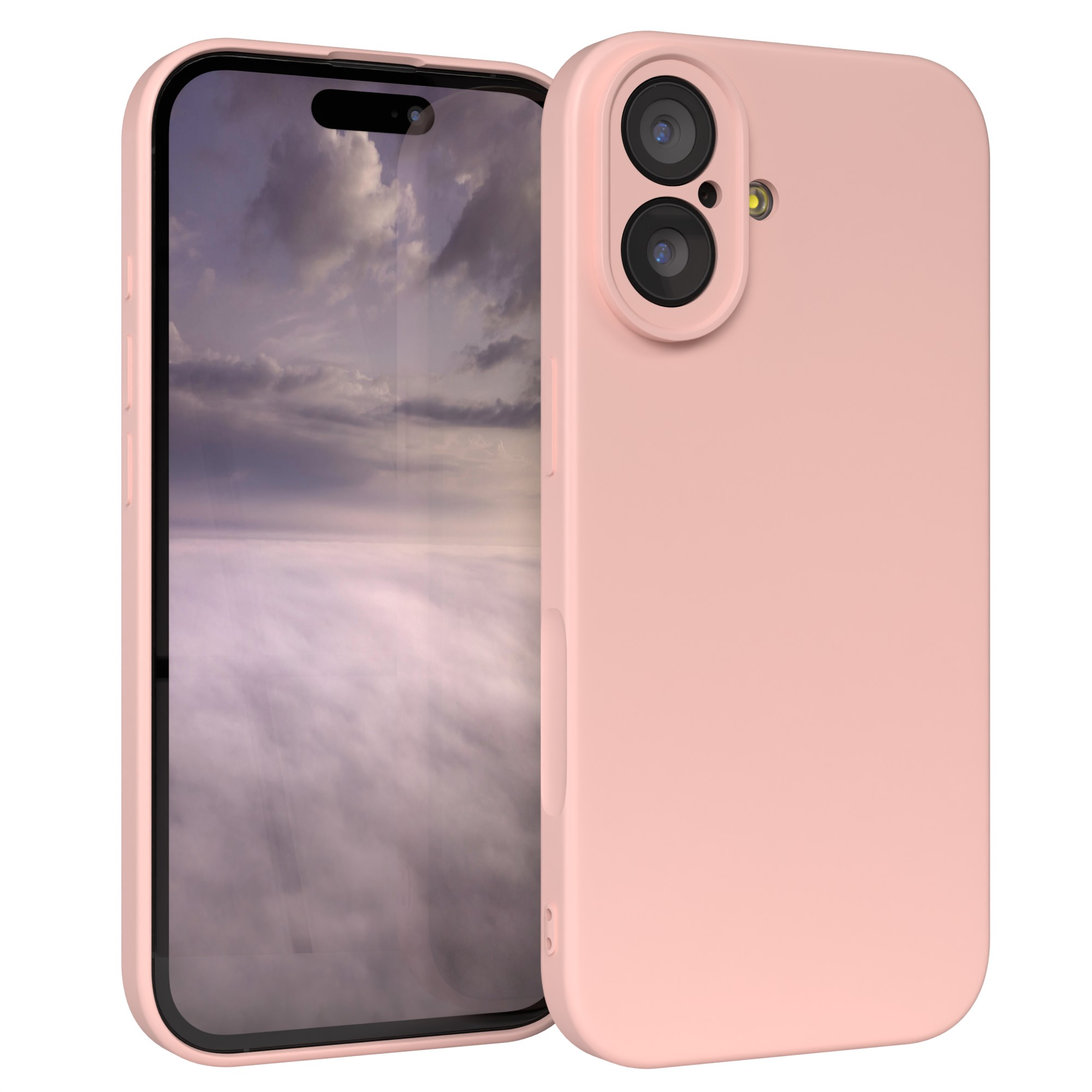 Ein rosa Telefon mit Hülle steht auf weißem Grund. Der Bildschirm zeigt einen bewölkten Himmel.
