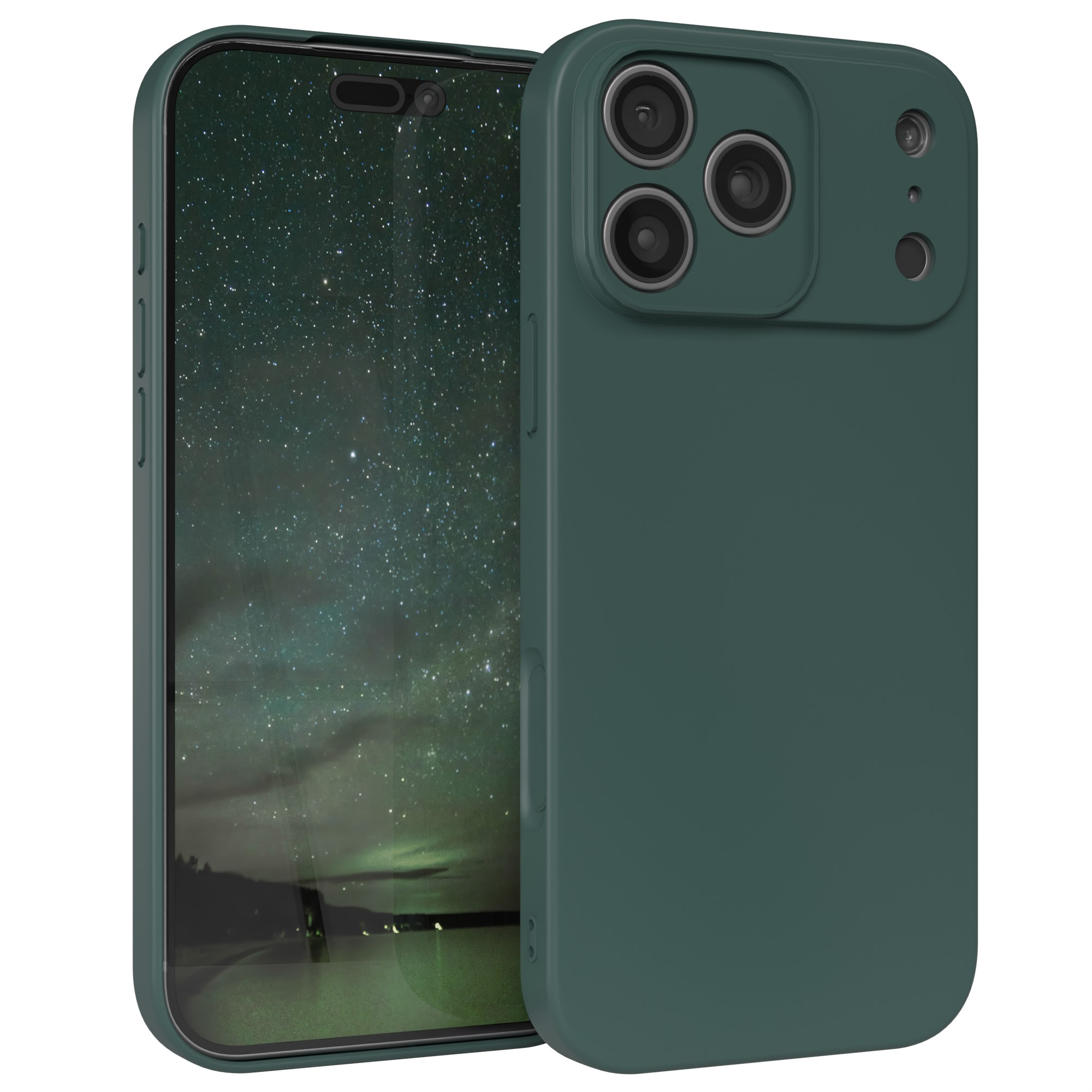 Ein grünes Telefon mit Sternenhimmel-Hintergrund und einer passenden Schutzhülle, isoliert auf Weiß.