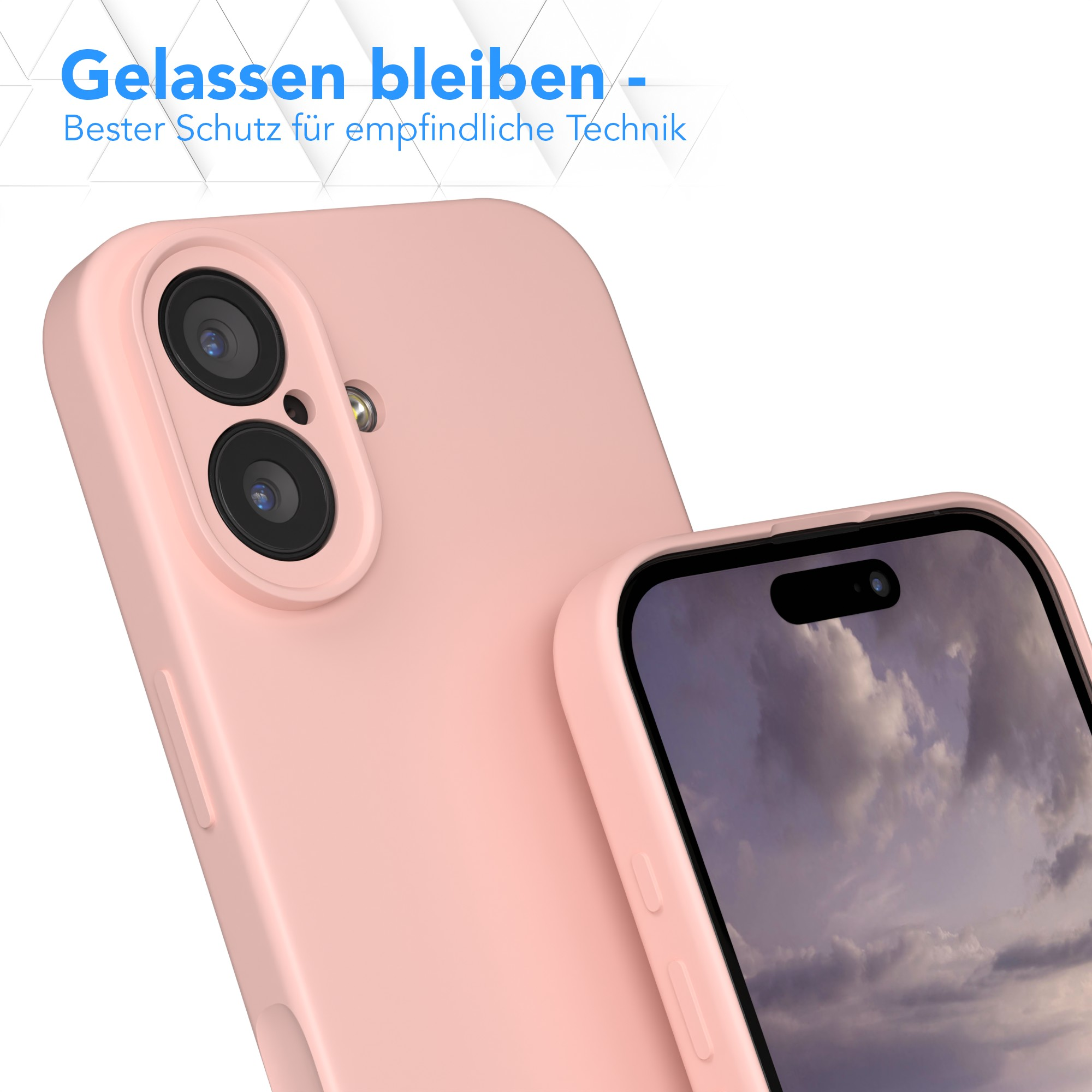 Rosa Handyhülle mit Handy, Nahaufnahme. Text auf Deutsch: 'Gelassen bleiben - Bester Schutz für empfindliche Technik'.