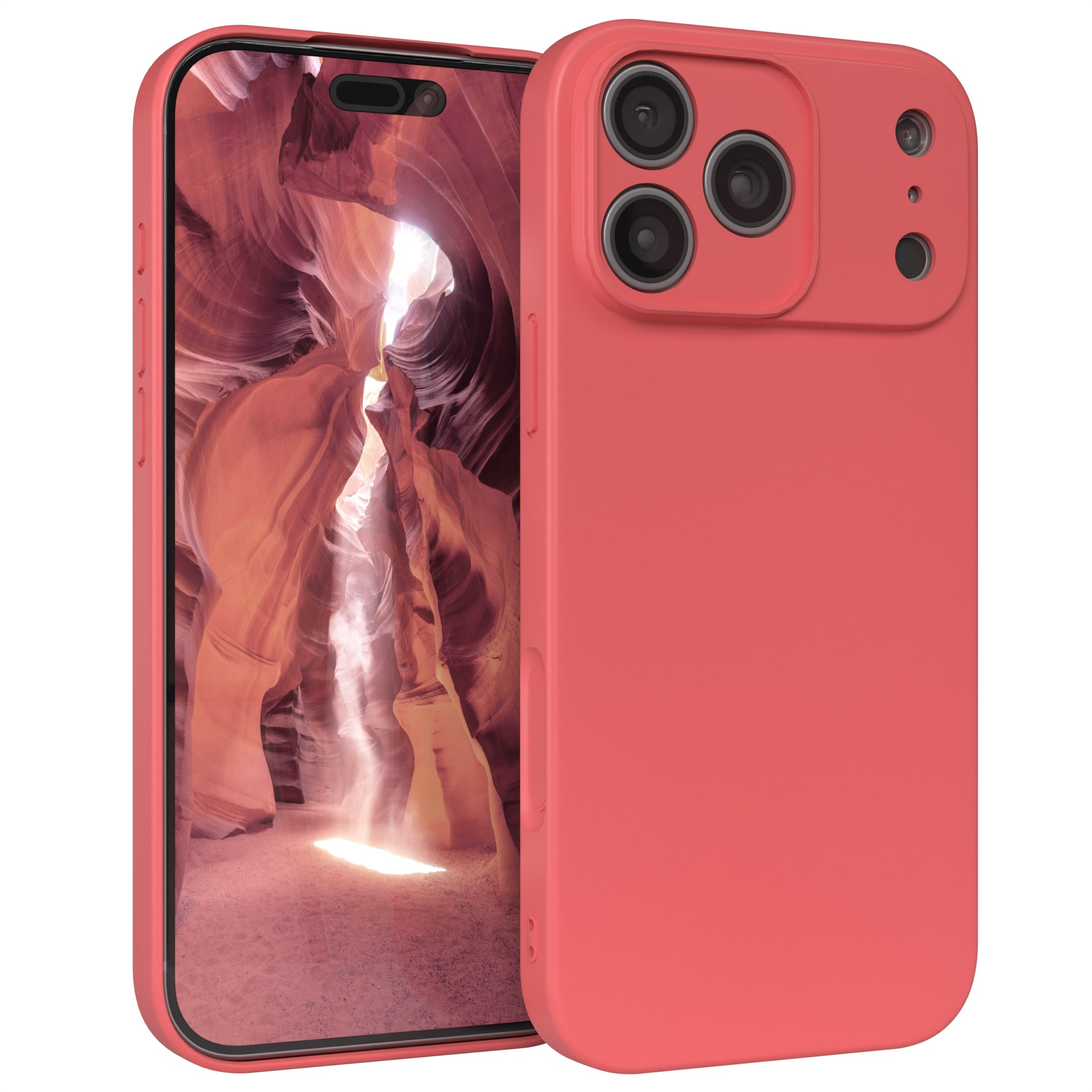 Ein korallenfarbenes Telefon mit Hülle zeigt ein Canyon-Foto. Die Hülle hat Kameralinsen und Tasten.