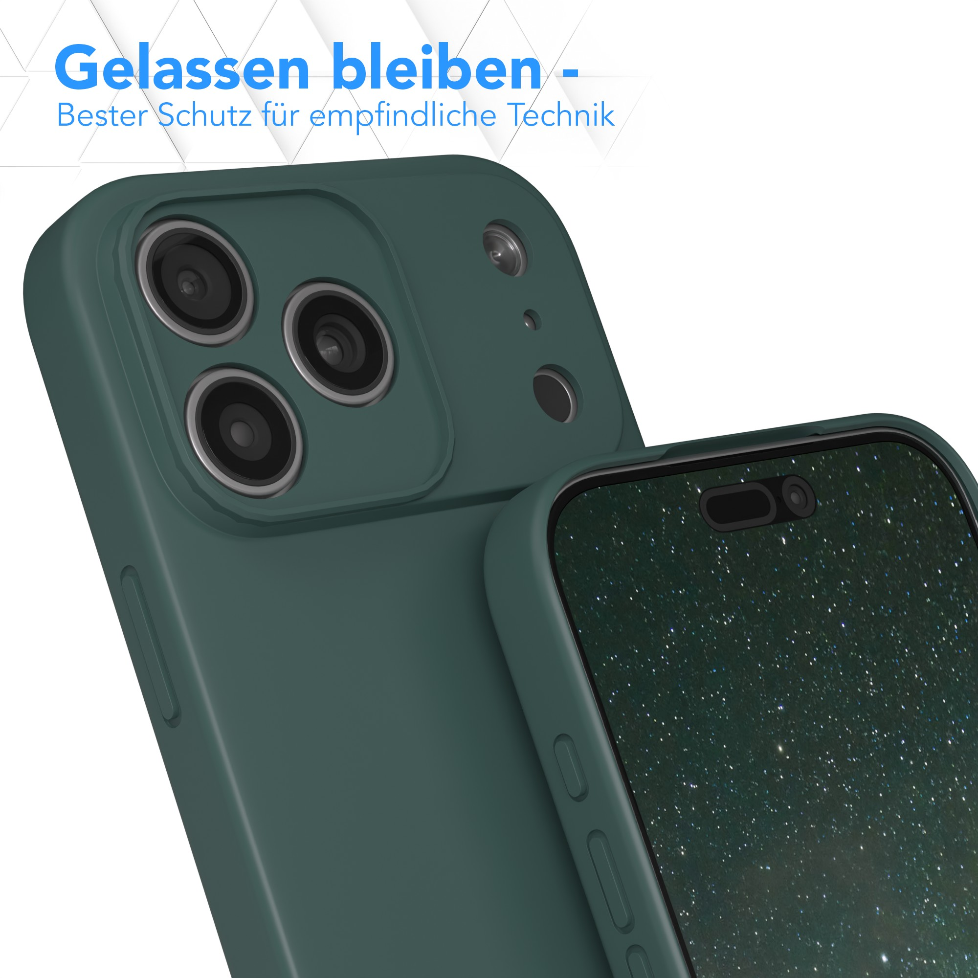 Grüne Handyhülle mit Kameraausschnitten, die teilweise einen Bildschirm mit Sternennacht bedeckt.