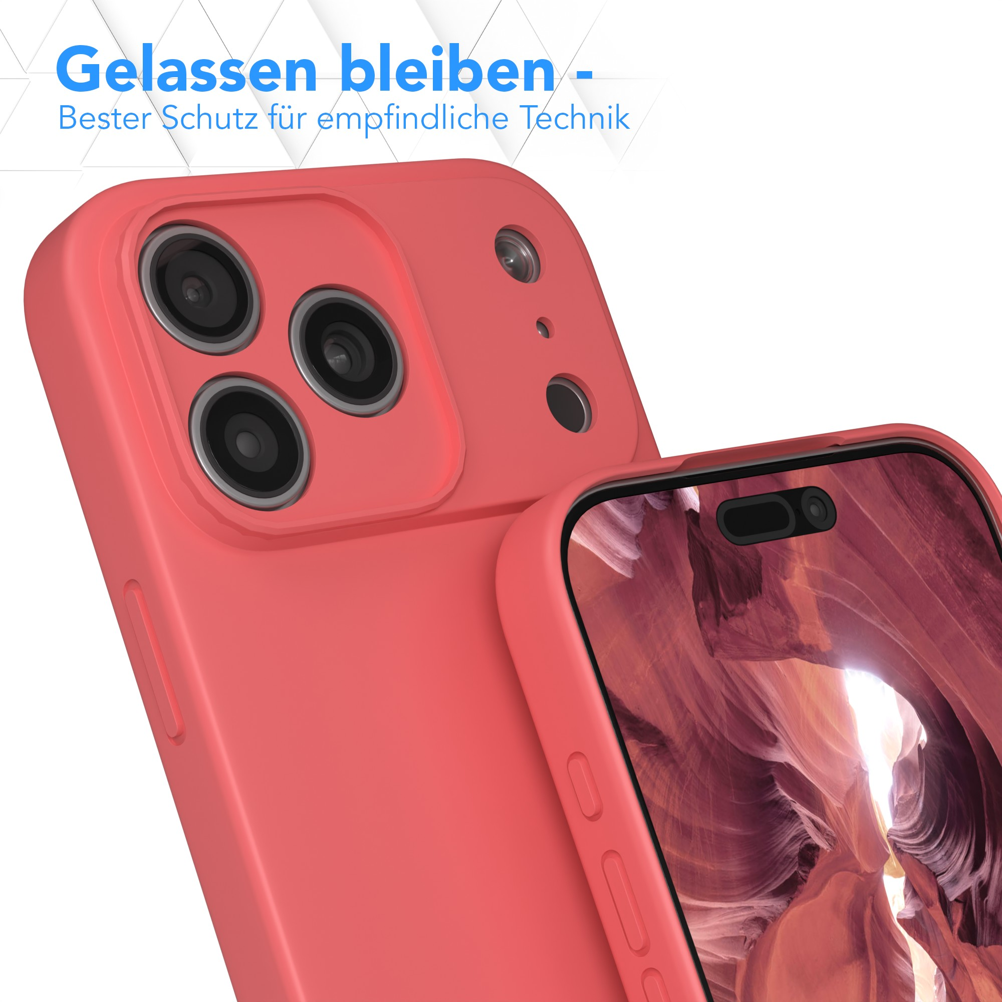 Korallenfarbene Handyhülle mit drei Kameralinsen. Ein zweites Telefon mit Canyon-Bild ist sichtbar.