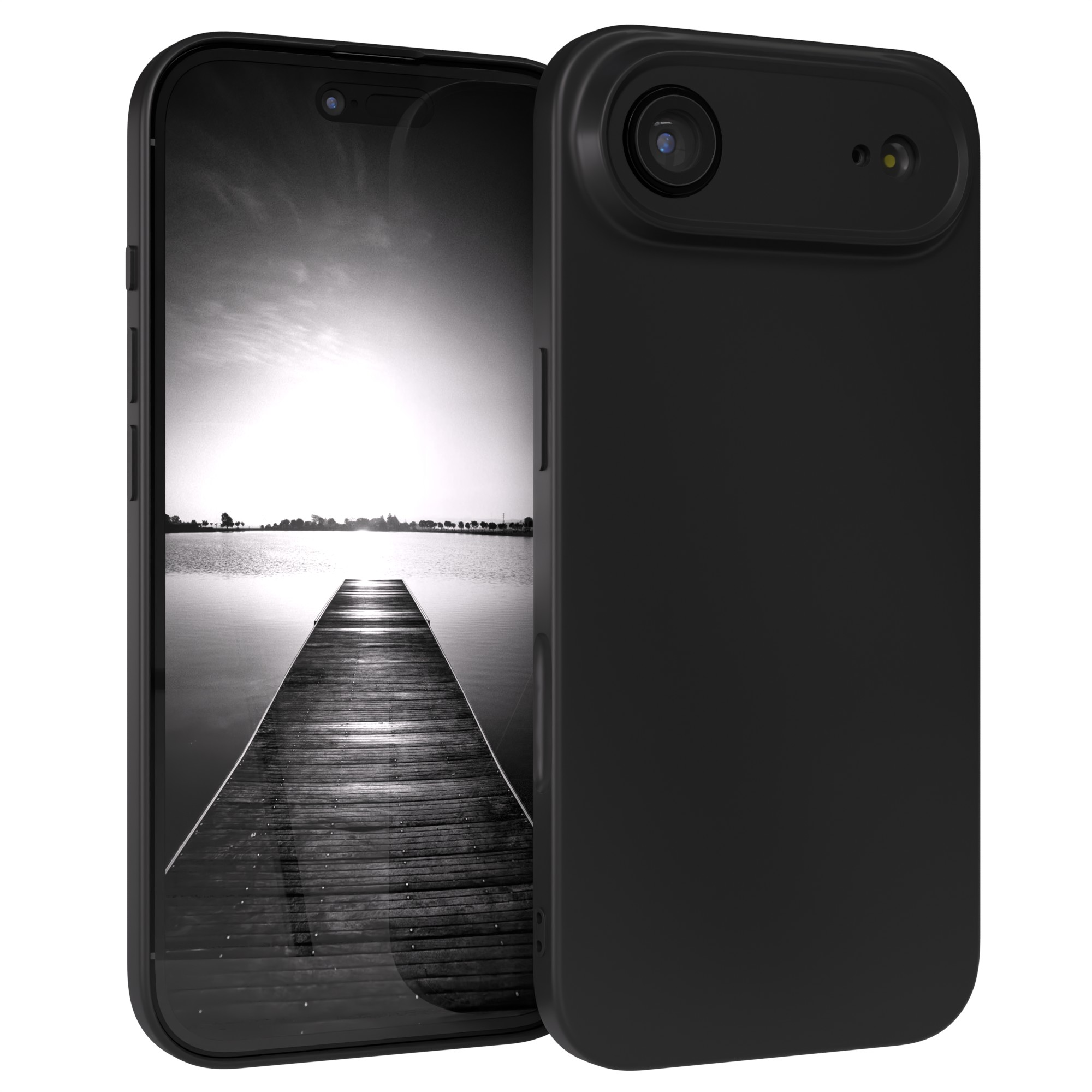 Eine schwarze Handyhülle mit Kamera. Das Telefon zeigt ein Graustufenbild eines Stegs in einem See.