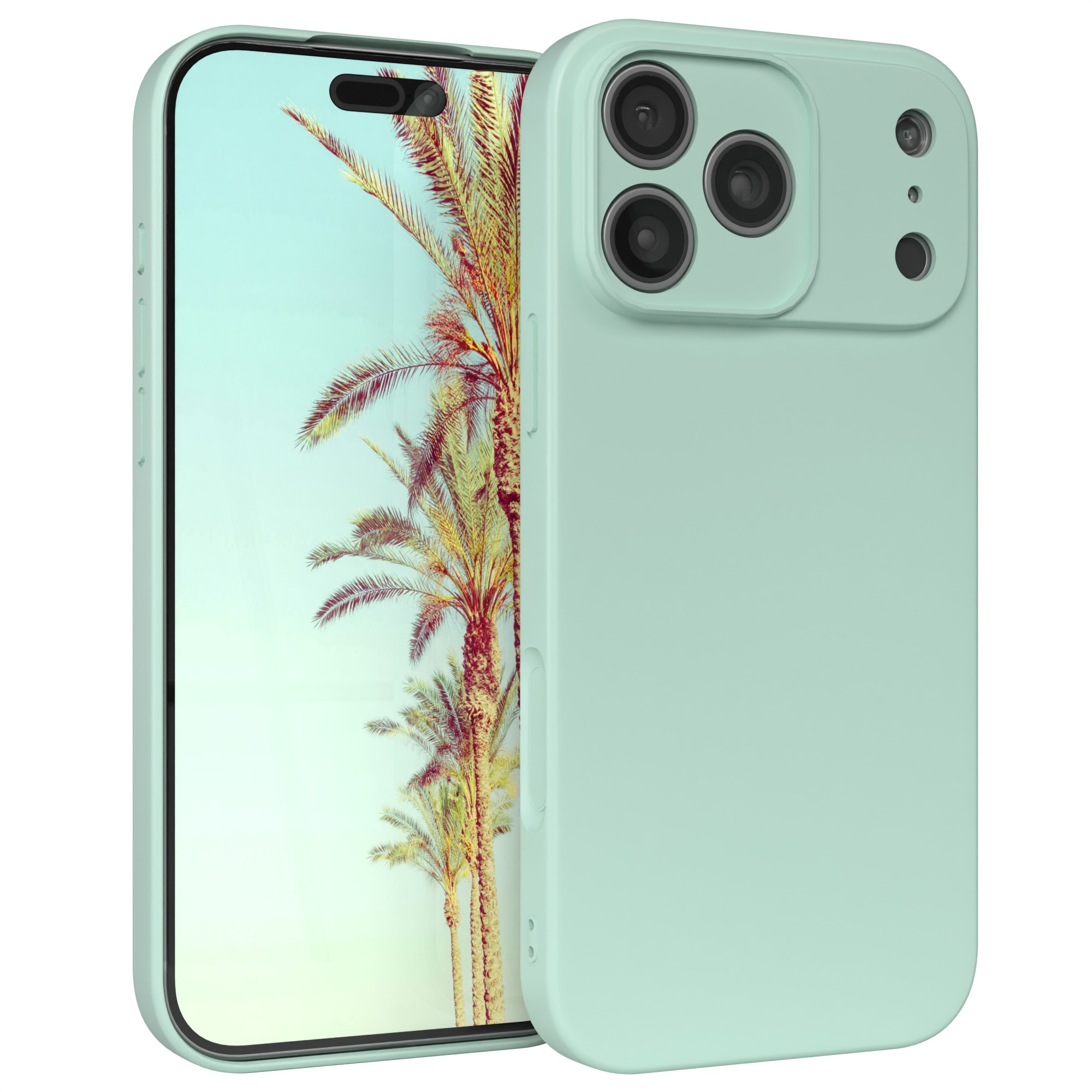 Ein mintgrünes Telefon mit Hülle. Der Bildschirm zeigt Palmen unter hellblauem Himmel.