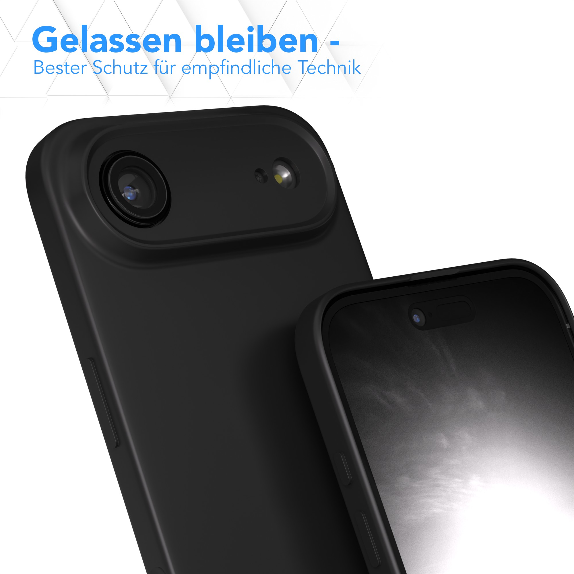 Zwei schwarze Handyhüllen, eine mit sichtbarer Kamera. Der Text auf Deutsch lautet 'Bester Schutz für empfindliche Technik'.