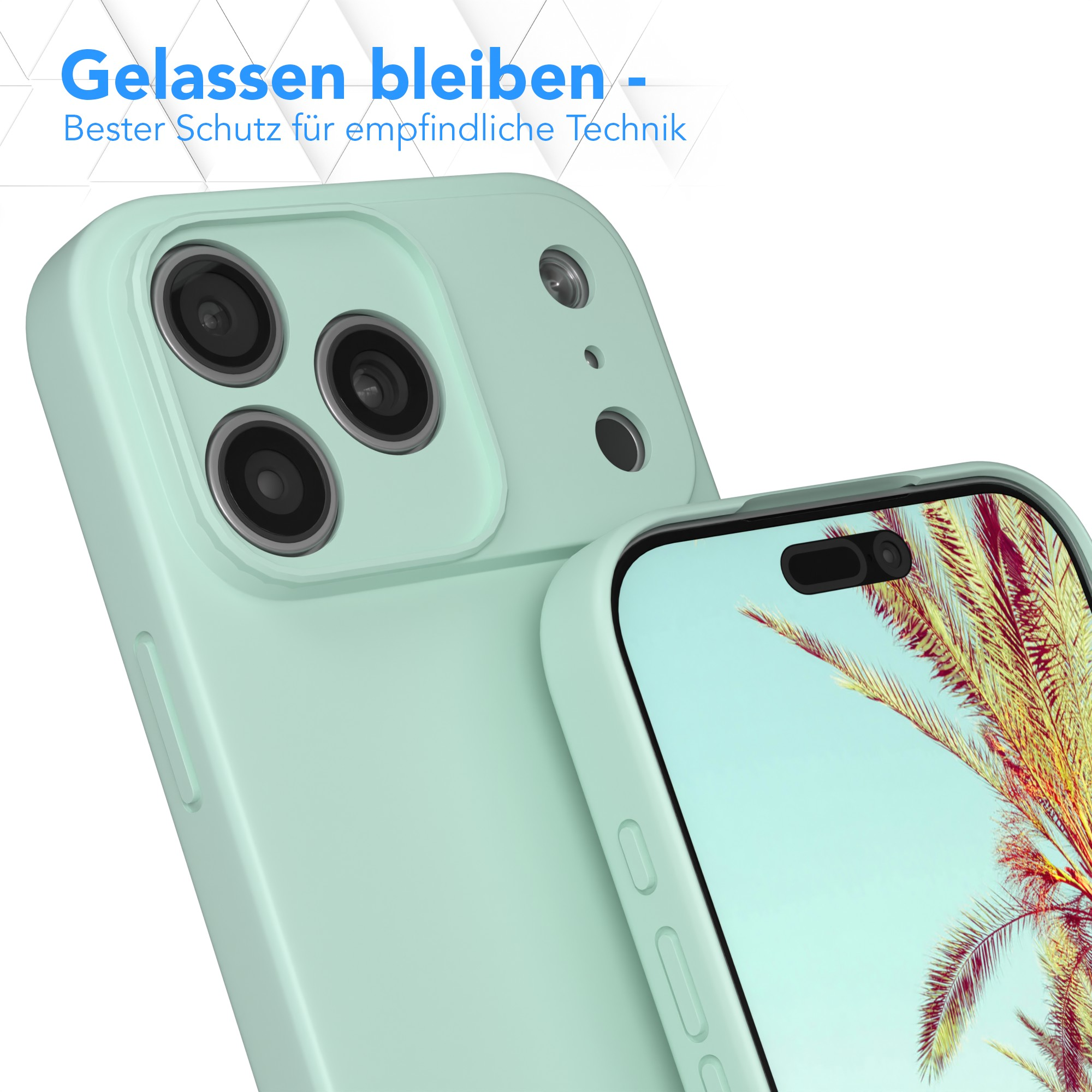 Nahaufnahme einer mintgrünen Handyhülle mit einem Handy. Der Bildschirm zeigt eine Palme unter blauem Himmel.