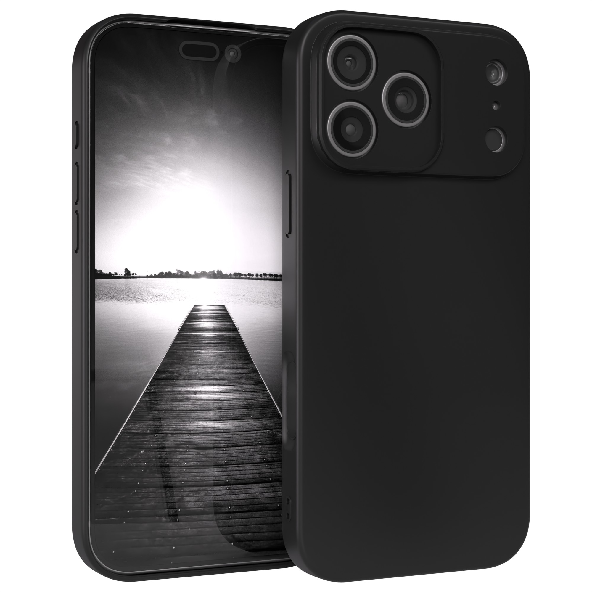 Schwarzes Smartphone mit Bildschirm, der einen Steg über Wasser zeigt. Das Telefon hat eine schwarze Hülle.