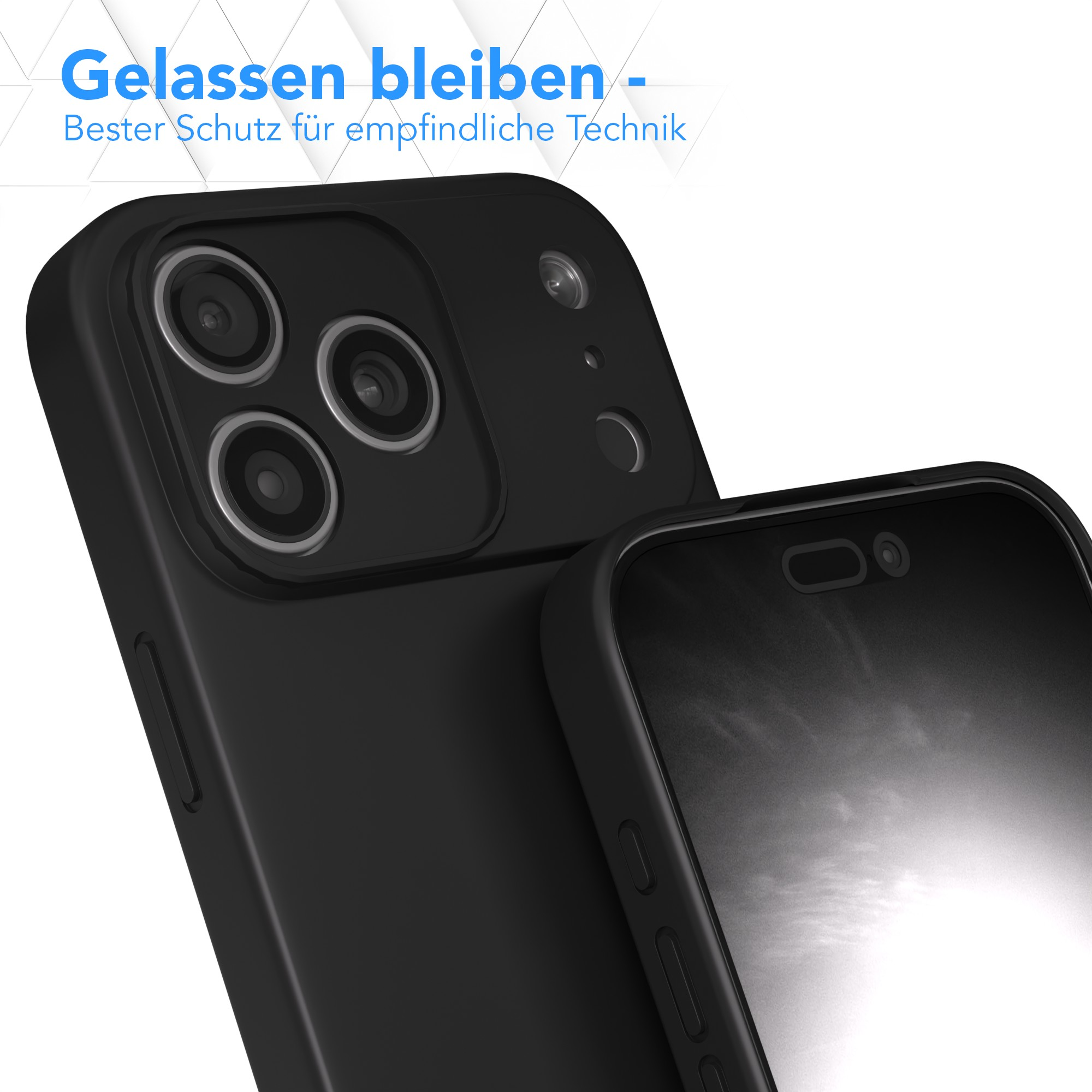 Nahaufnahme von schwarzen Handyhüllen, eine bedeckt ein Telefon. Oben steht: 'Gelassen bleiben - Bester Schutz'.