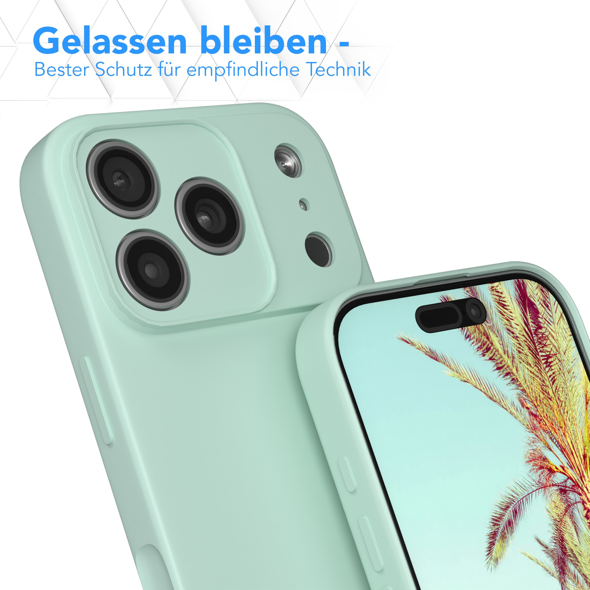 Eine mintgrüne Handyhülle mit einem Telefon darin. Der Bildschirm zeigt Palmen vor hellblauem Himmel.