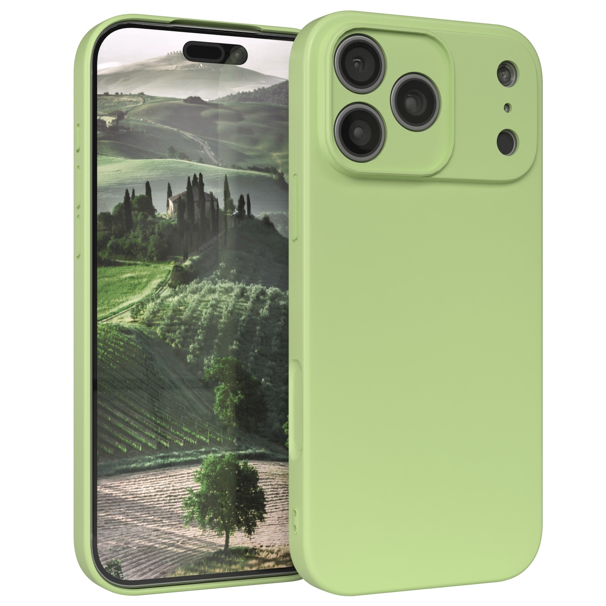 Eine grüne Handyhülle auf einem Telefon, das eine Landschaft mit einem Haus, Bäumen und Feldern zeigt. Die Hülle hat drei Kameras.