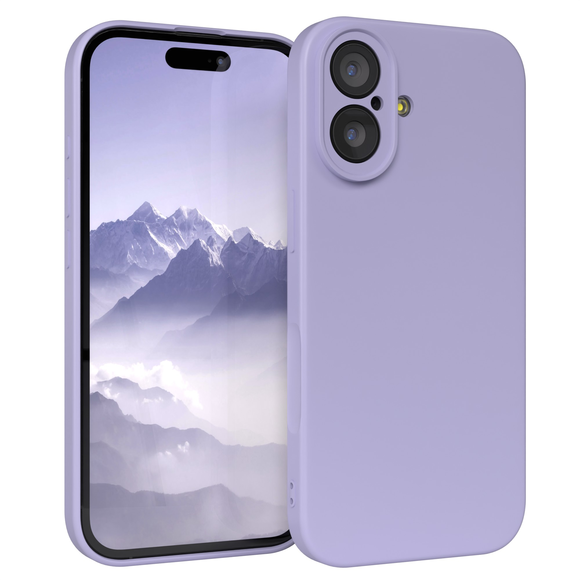 Ein lila Telefon mit Hülle. Der Bildschirm zeigt eine Bergkette. Die Hülle hat Kameraausschnitte und Knöpfe.