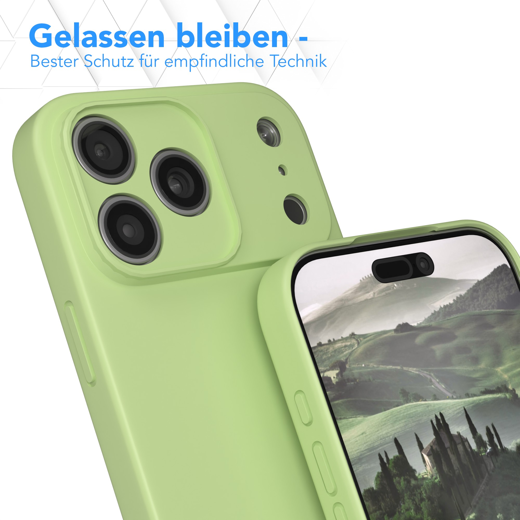 Eine grüne Handyhülle mit einem Handy. Das Telefon zeigt eine Landschaft. Die Hülle hat mehrere Kameraausschnitte.