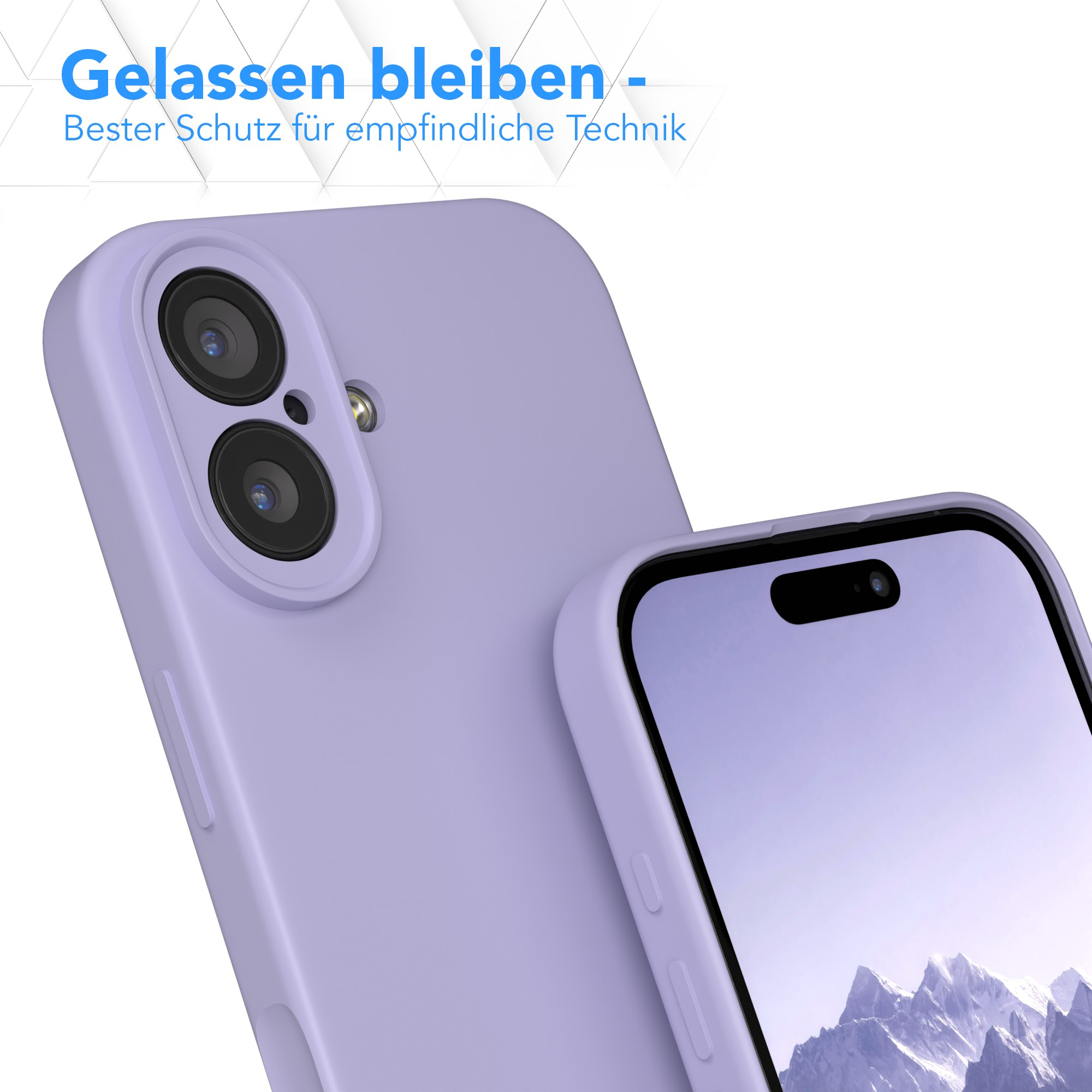 Nahaufnahme von zwei lila Handyhüllen. Eine Hülle zeigt ein Handy mit einer Berglandschaft.