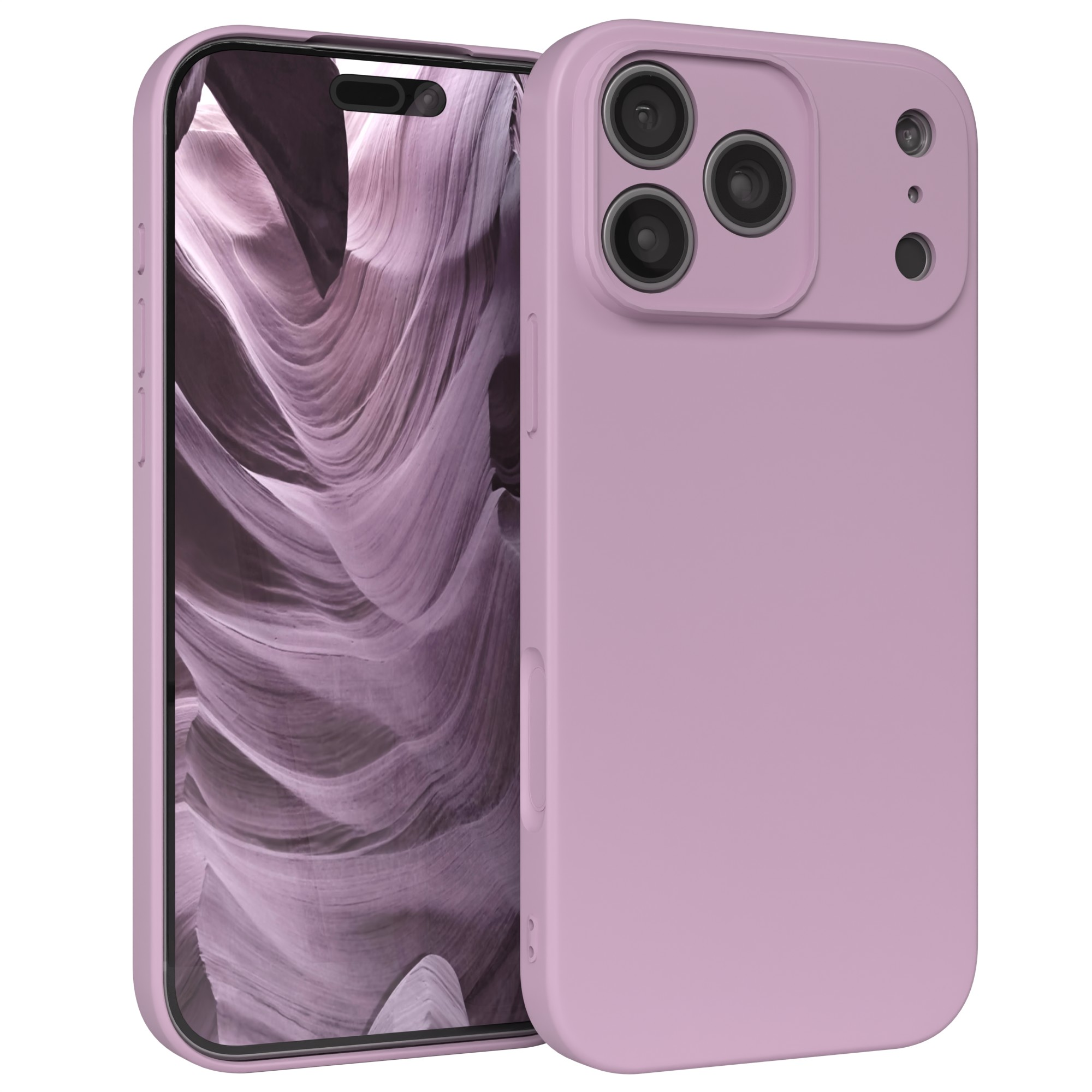 Gezeigt werden eine pinkfarbene Handyhülle und ein Handy. Der Bildschirm des Handys zeigt eine Felsformation.