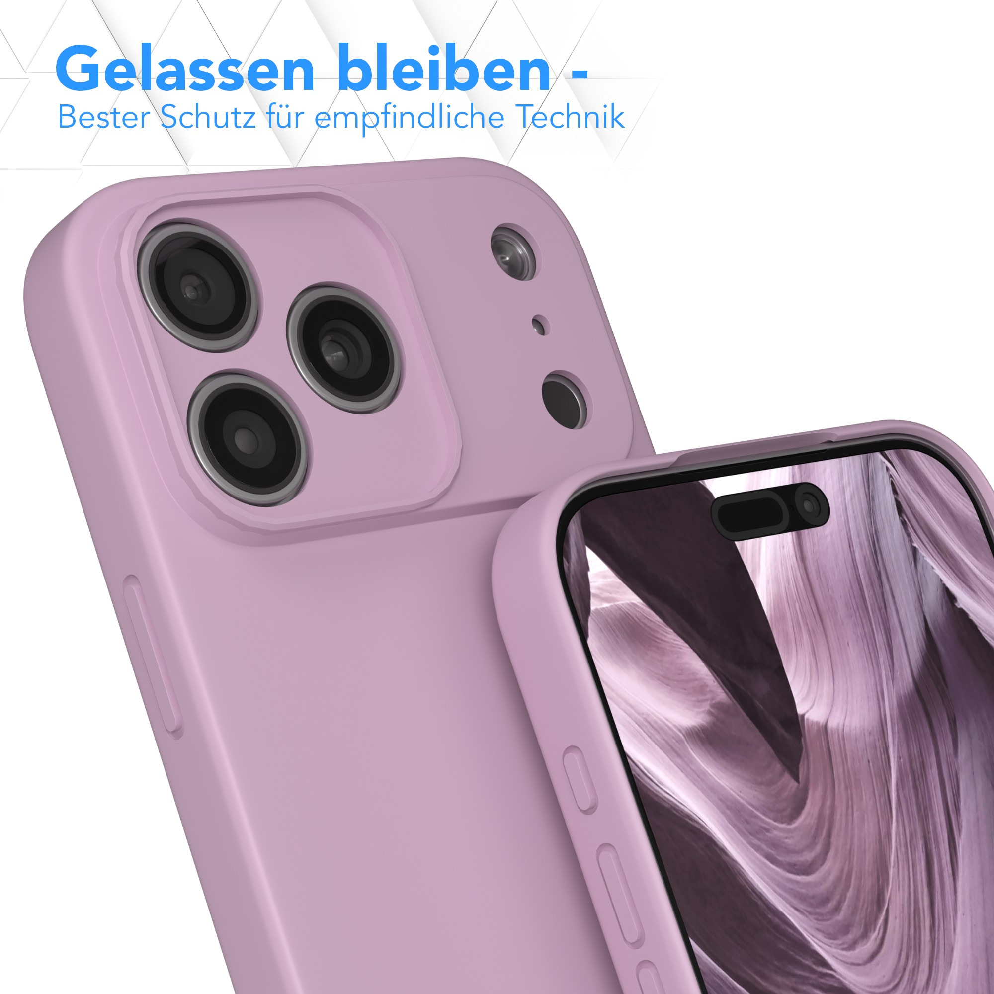 Nahaufnahme von zwei pinken Handyhüllen. Eine befindet sich hinter der anderen. Die Kamera des Telefons ist sichtbar.