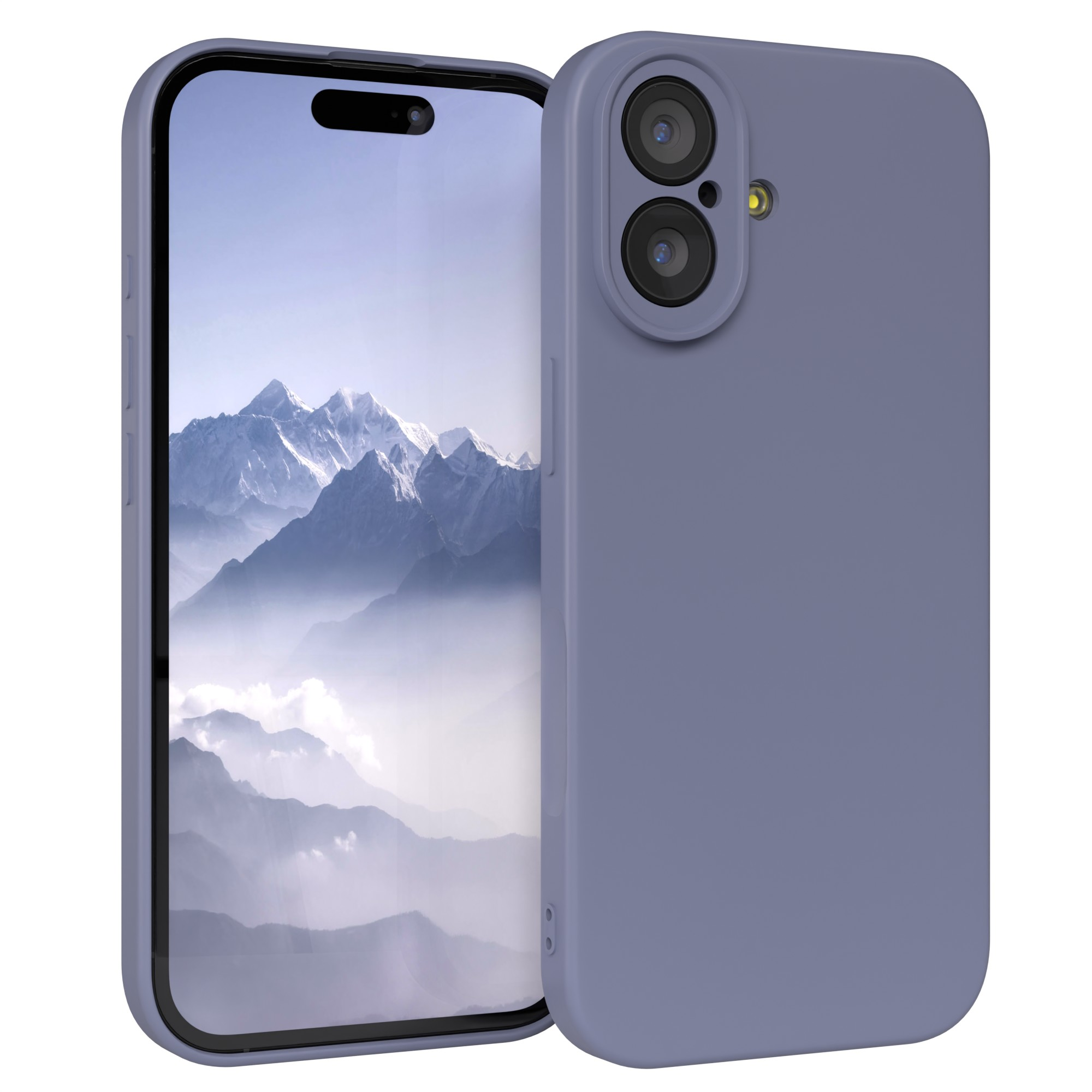 Ein Smartphone in einer lila Hülle. Der Bildschirm zeigt ein Gebirge. Das Telefon hat eine Kamera.