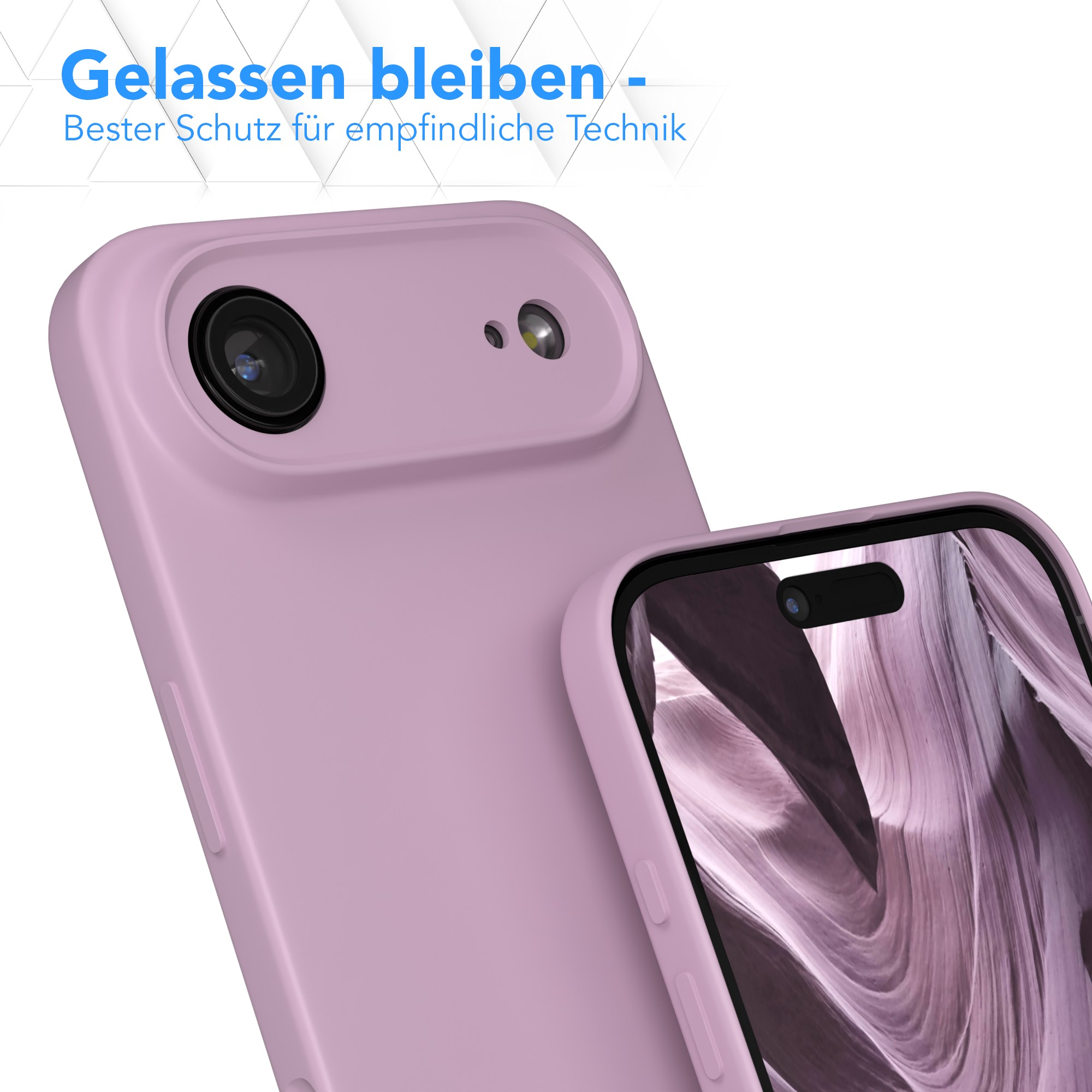 Nahaufnahme einer rosa Handyhülle mit einem Telefon darin. Der Hintergrund zeigt einen weißen und blauen Text.