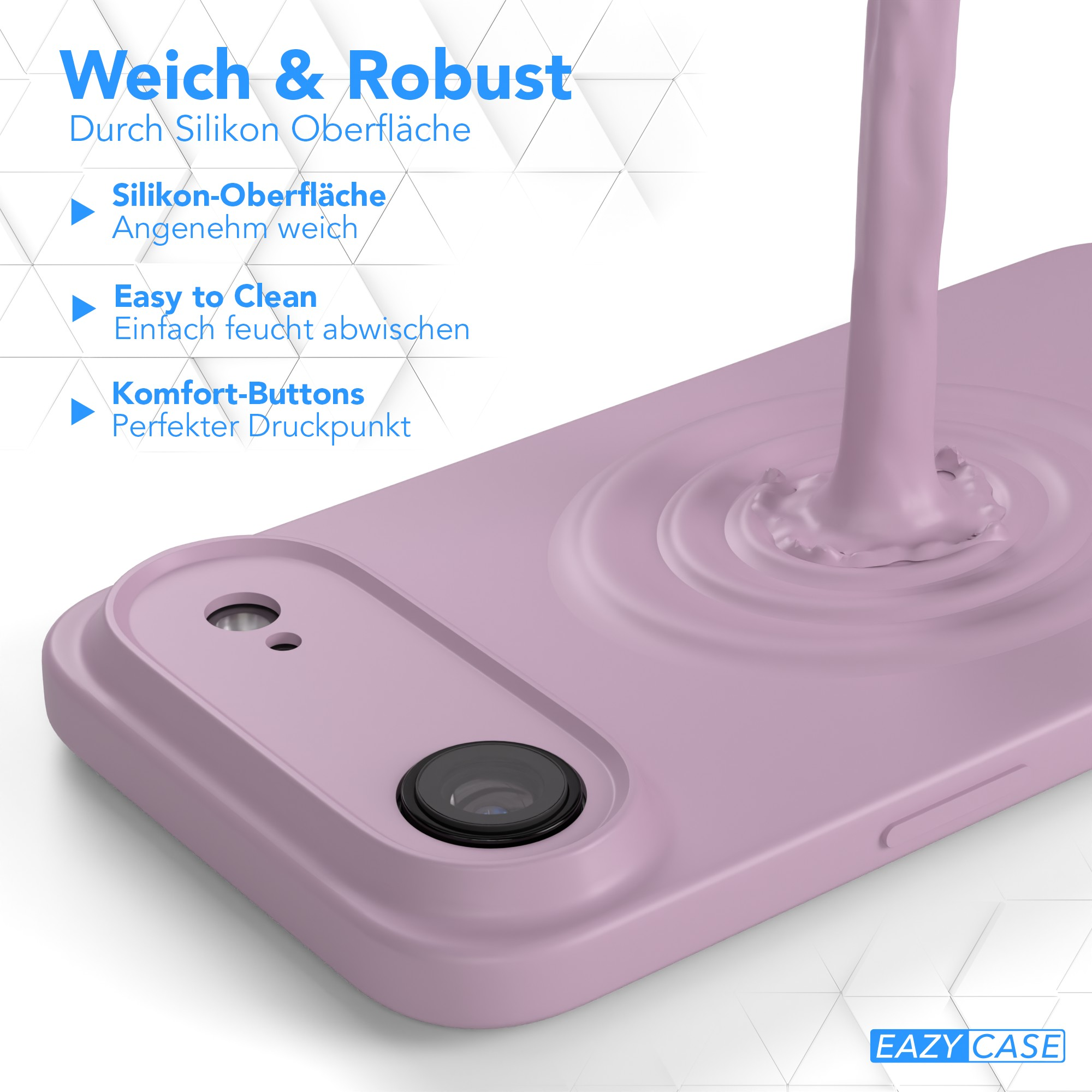 Eine rosa Handyhülle mit Flüssigkeitsspritzern. Text hebt Eigenschaften wie Silikonoberfläche und einfache Reinigung hervor.