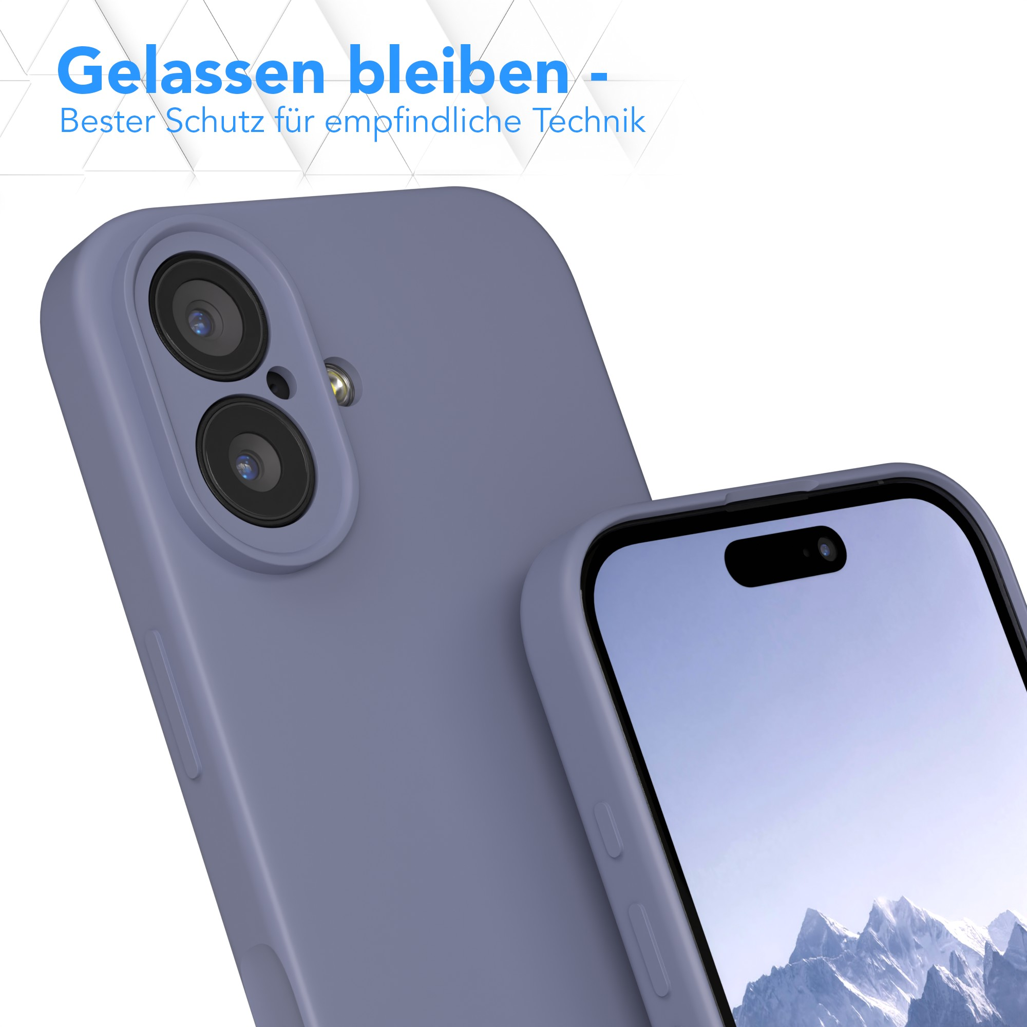 Nahaufnahme zeigt zwei Telefone in Hüllen. Eines hat Kameras. Das andere zeigt eine Berglandschaft auf dem Bildschirm.
