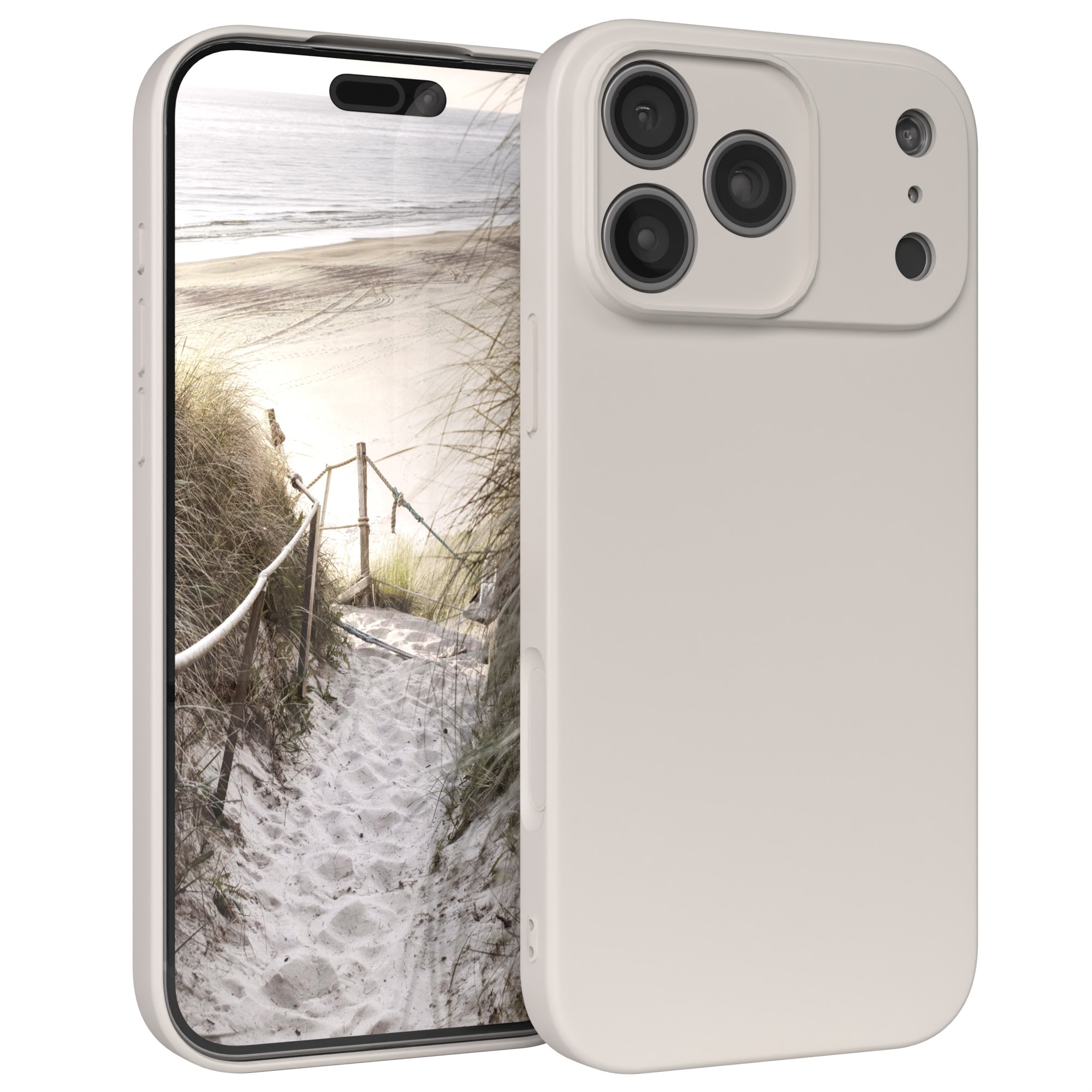 Telefonhülle mit Strandmotiv. Das Telefon hat eine hellbeige Hülle. Der Bildschirm zeigt einen Weg zum Strand.
