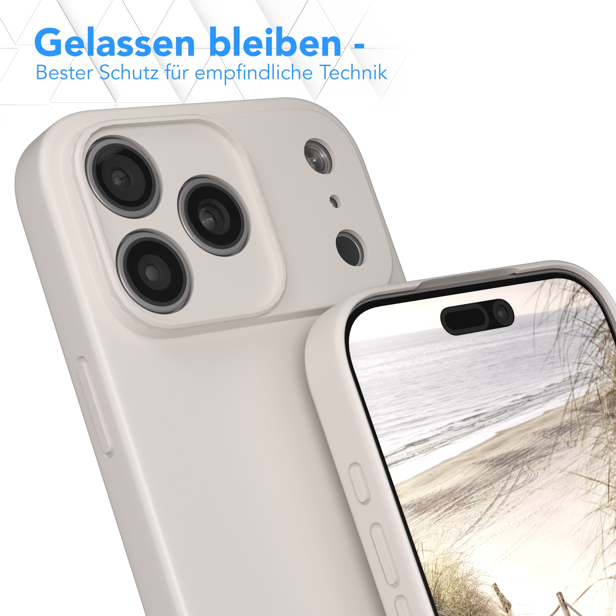 Ein Telefon in einer Hülle mit drei Kameras. Der Bildschirm zeigt eine Strandszene. Der Text oben lautet: 'Entspannt bleiben'.